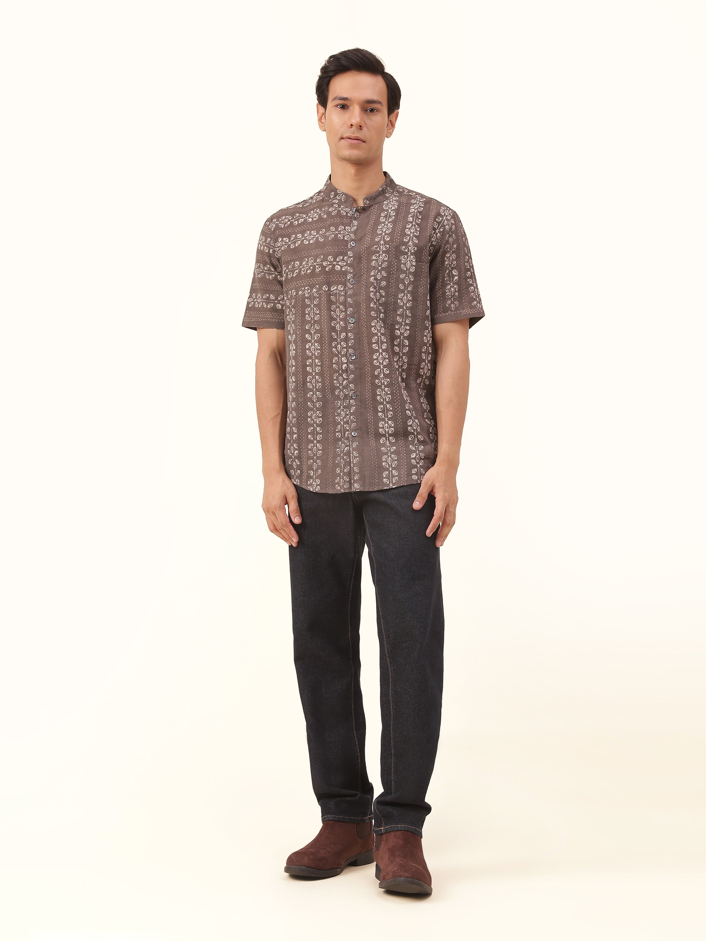 Front view of grey cotton Dabu block printed shirt with classic collar and button placket.