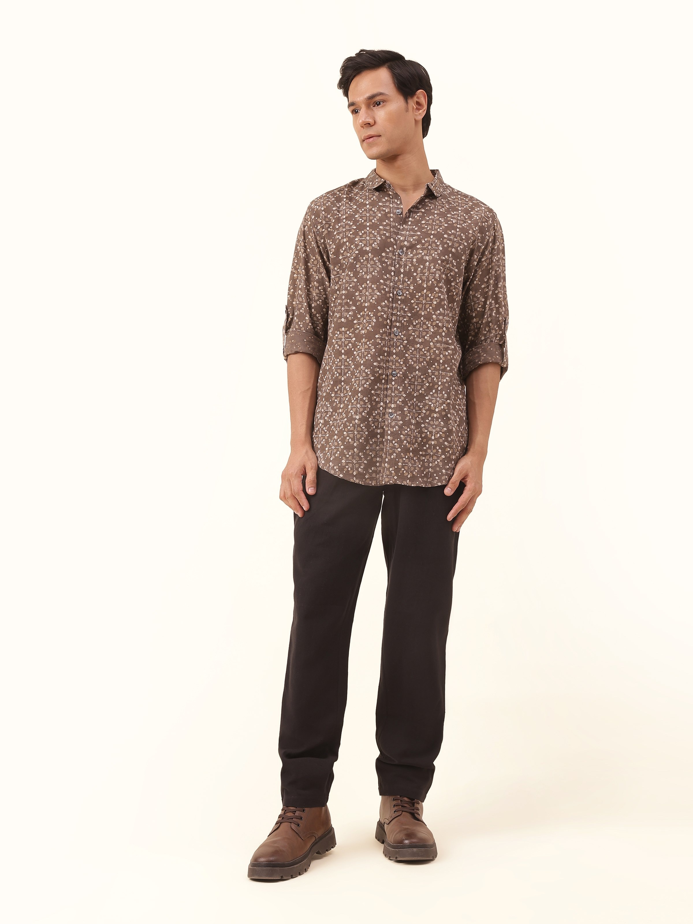 Front view of the Grey Cotton Dabu Block Printed Shirt showcasing its detailed hand-block design