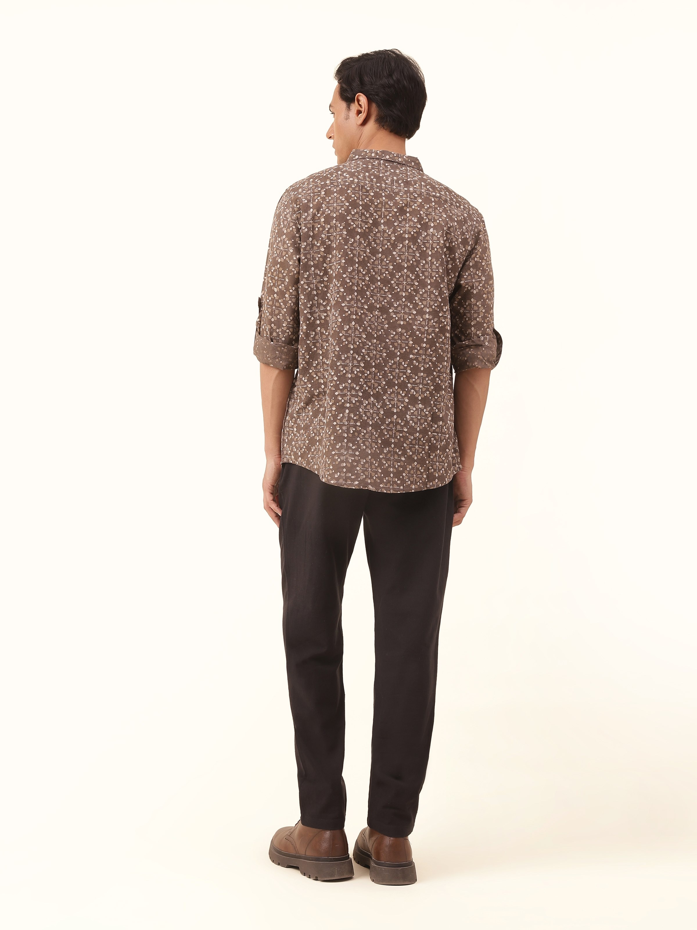 Back view offering a complete look at the hand-printed Dabu block patterns on cotton fabric