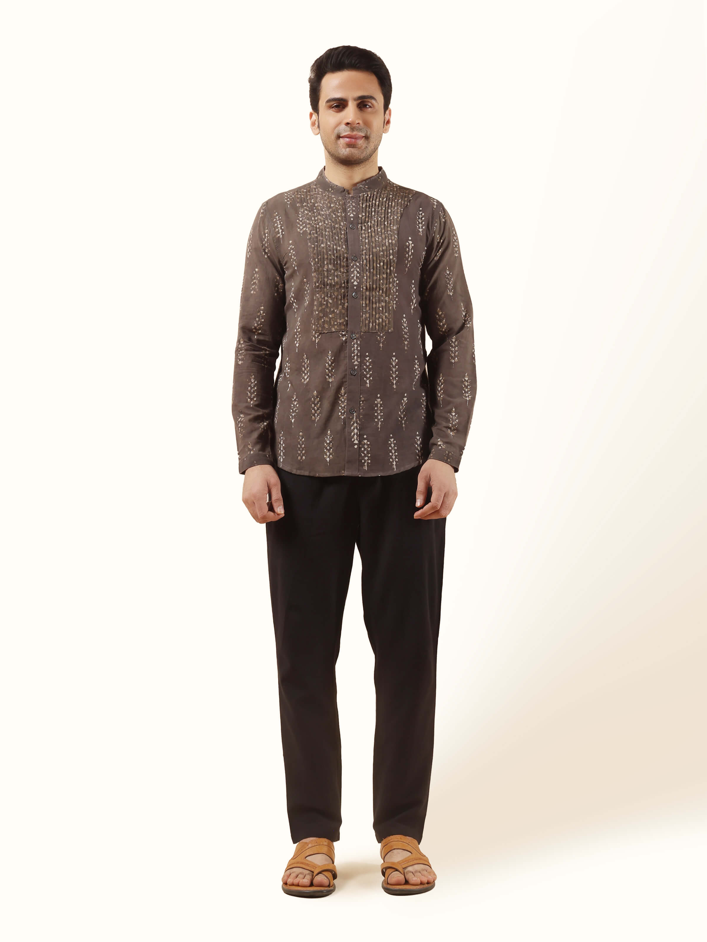 Front view of Grey Cotton Dabu Block Printed Kurta featuring traditional block print patterns.