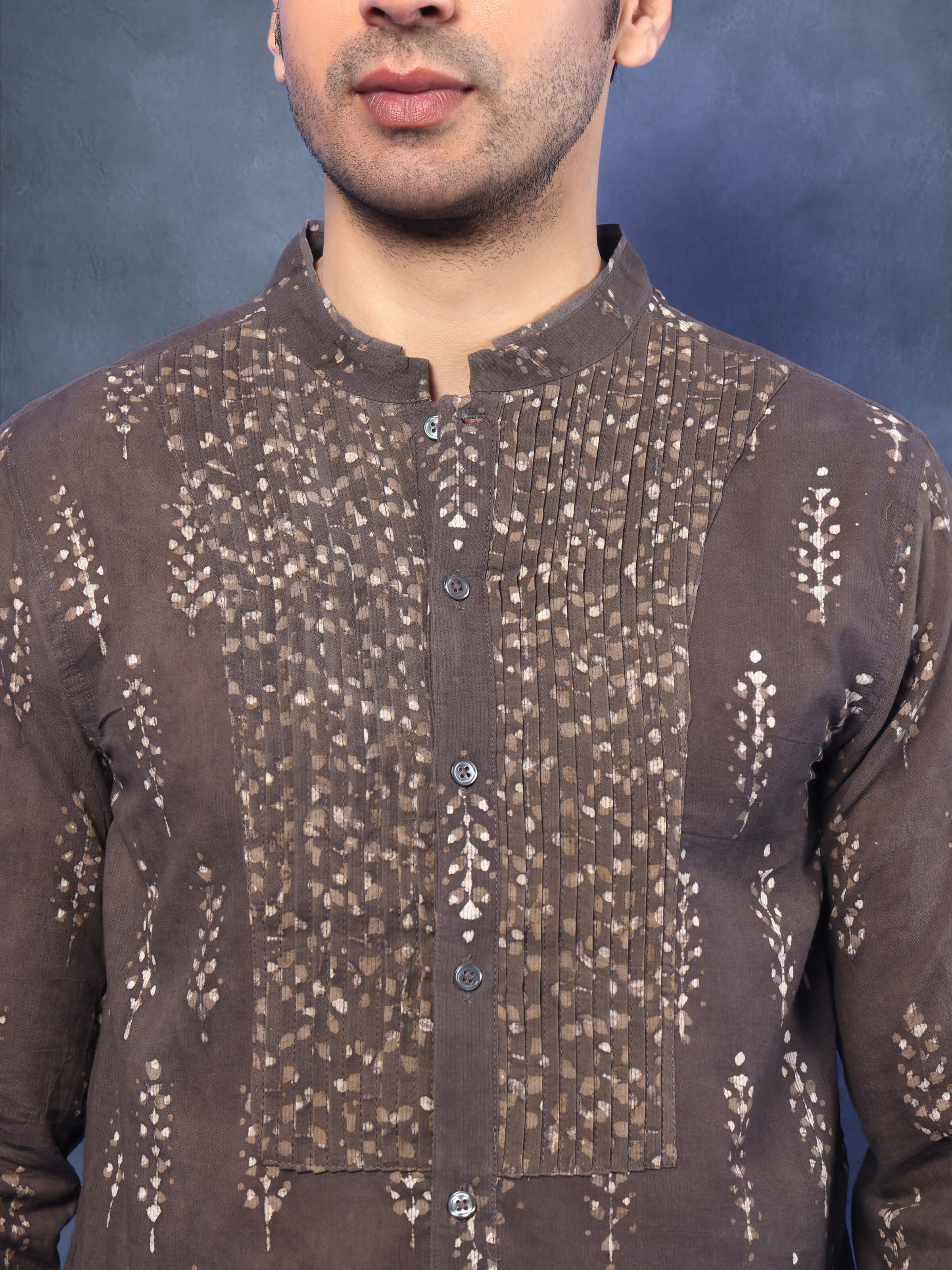 Close-up detail shot of Grey Cotton Dabu Block Printed Kurta showing block print texture.