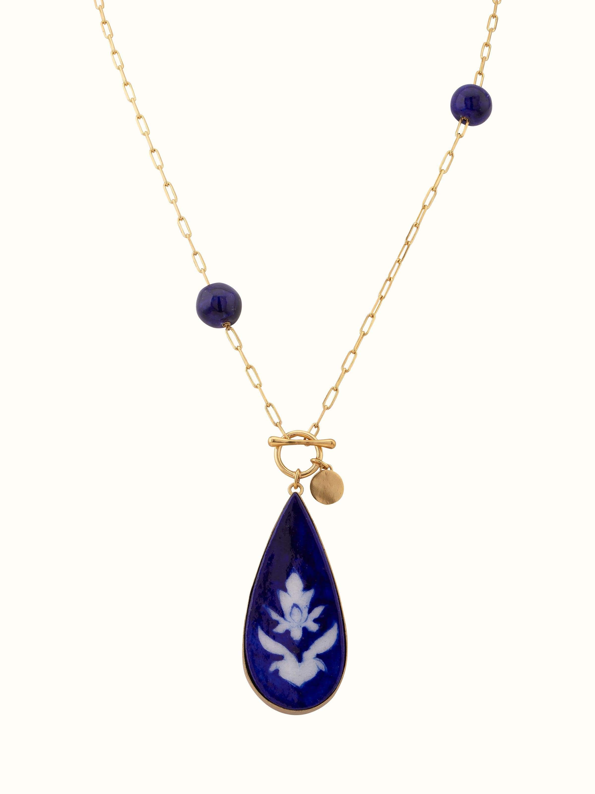 Front view of Blue Pottery long necklace showcasing its vibrant colors and intricate pottery designs