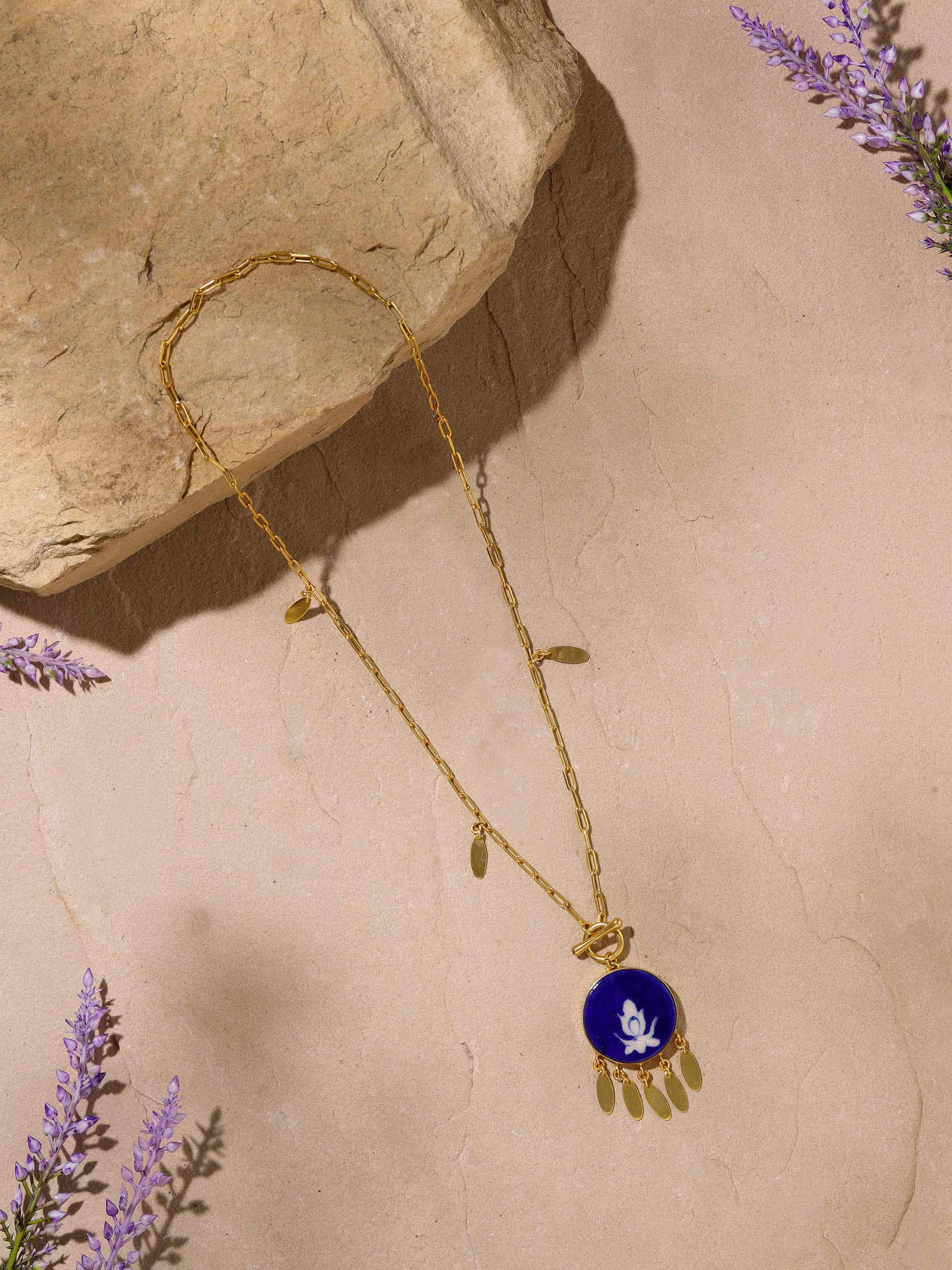 Close-up of Blue Pottery Long Necklace showing the intricate bead design and vibrant blue colors.