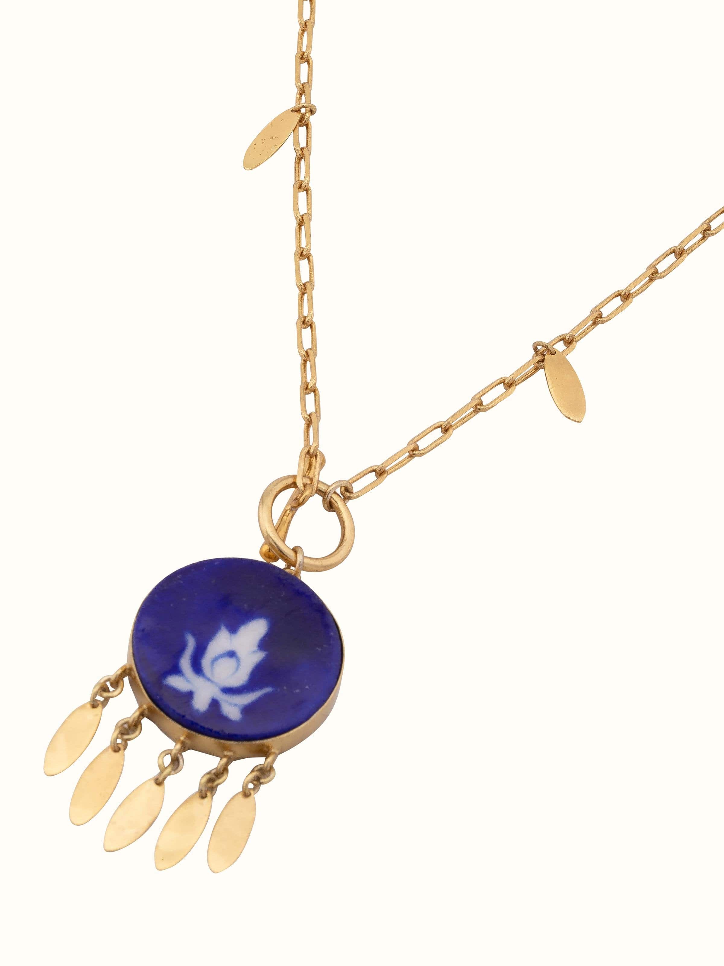 Overhead view of Blue Pottery Long Necklace featuring detailed bead arrangement and elegant design.