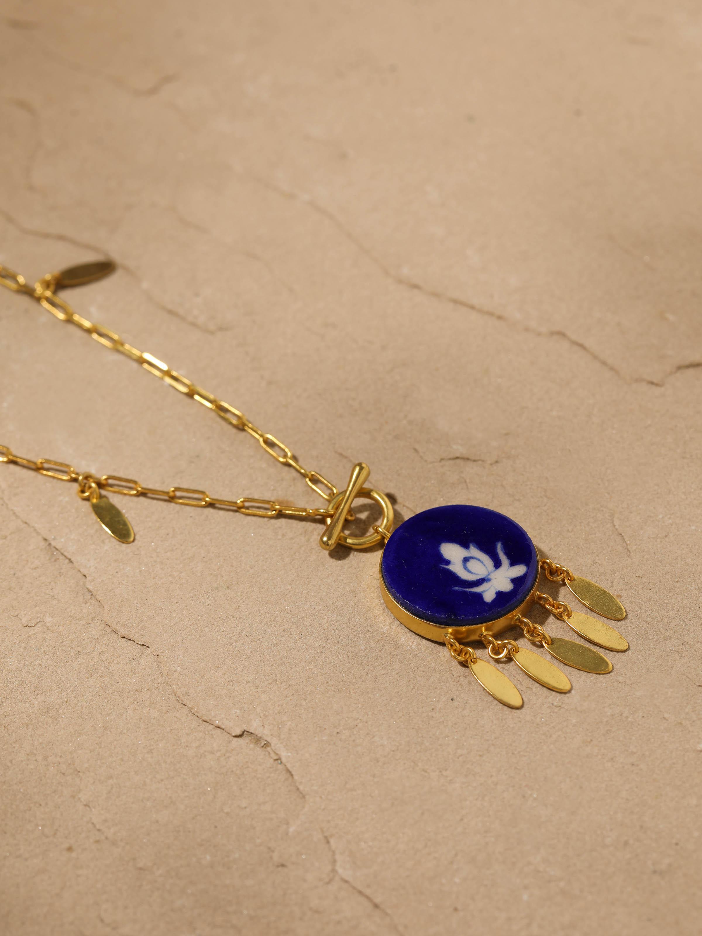 Back view of Blue Pottery Long Necklace showcasing the secure clasp and smooth finish.