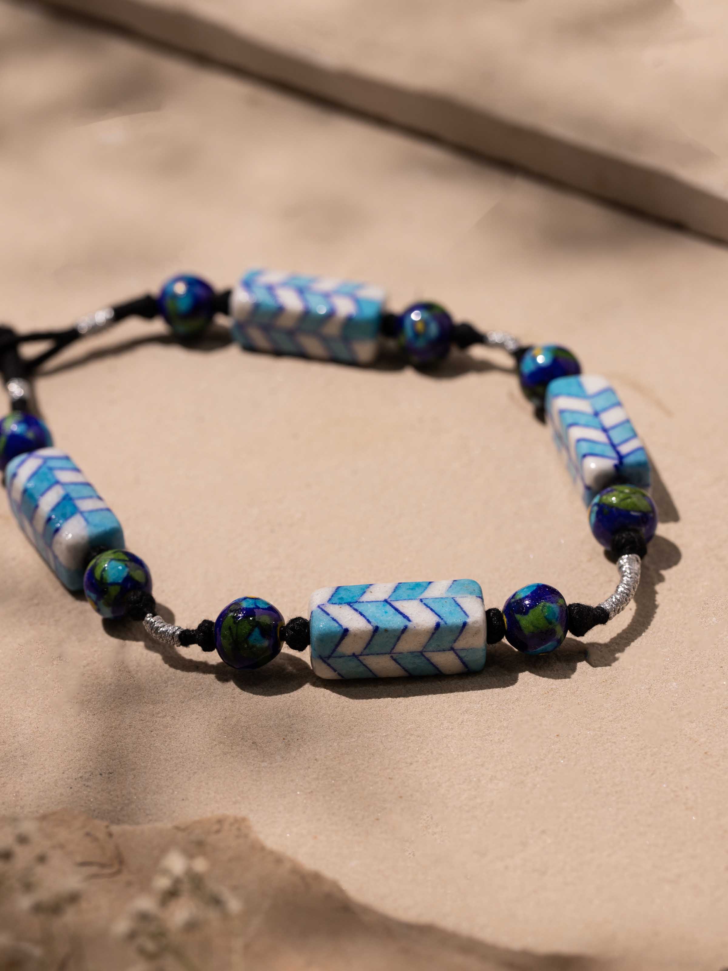 Detailed view of Blue Pottery Long Necklace showcasing the craftsmanship and vibrant pottery beads.