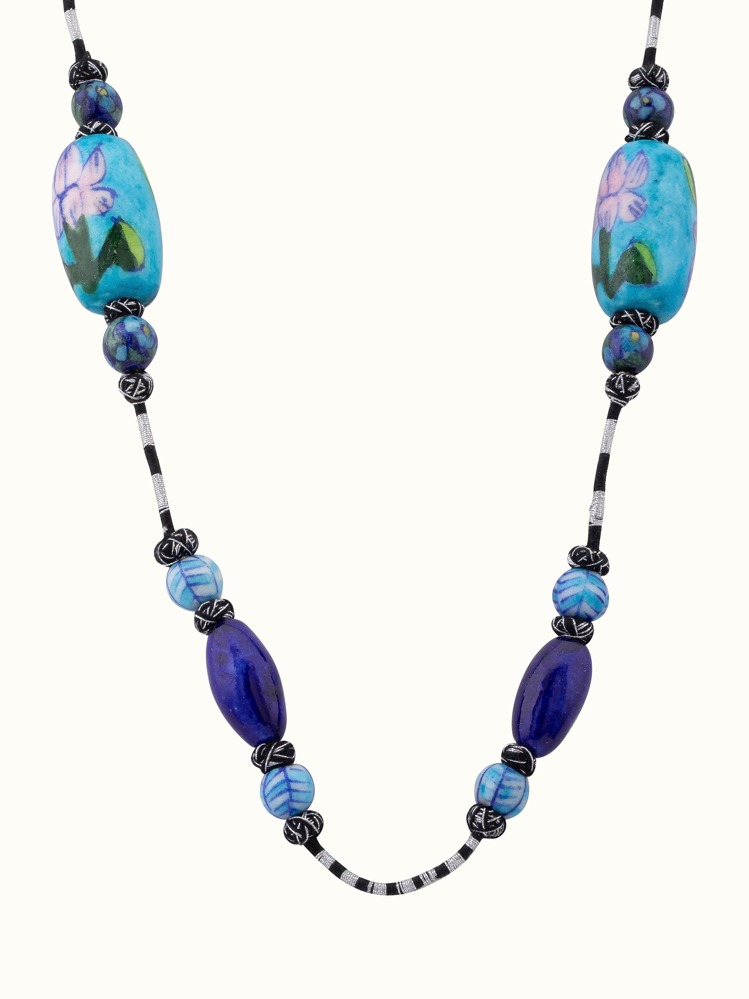 Front view of Blue Pottery Long Necklace with intricate designs