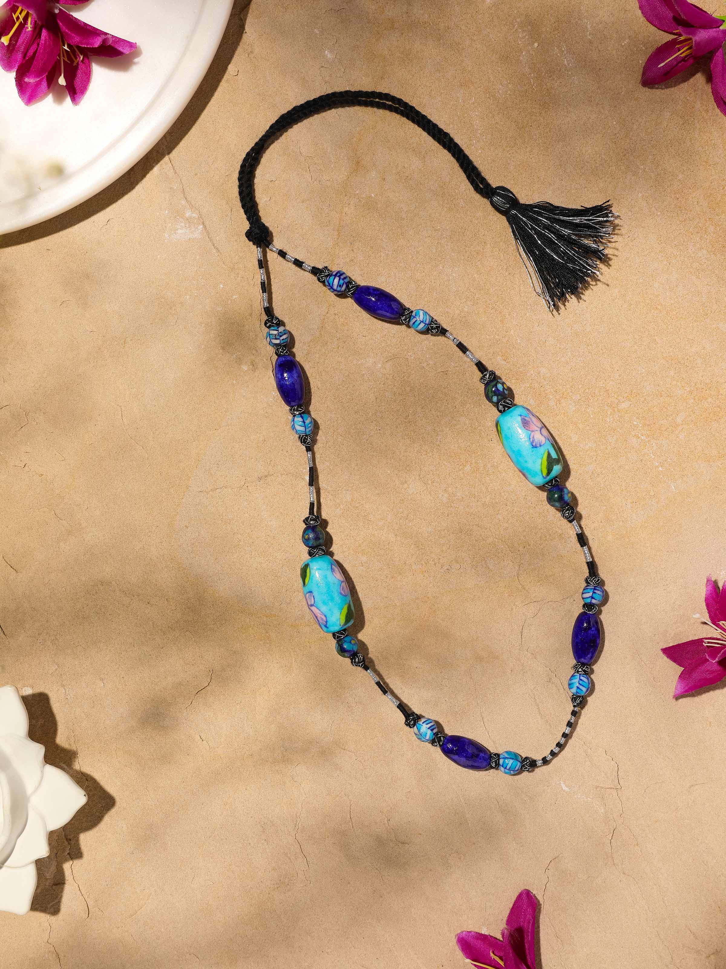 Side view of Blue Pottery Long Necklace showcasing detailed craftsmanship