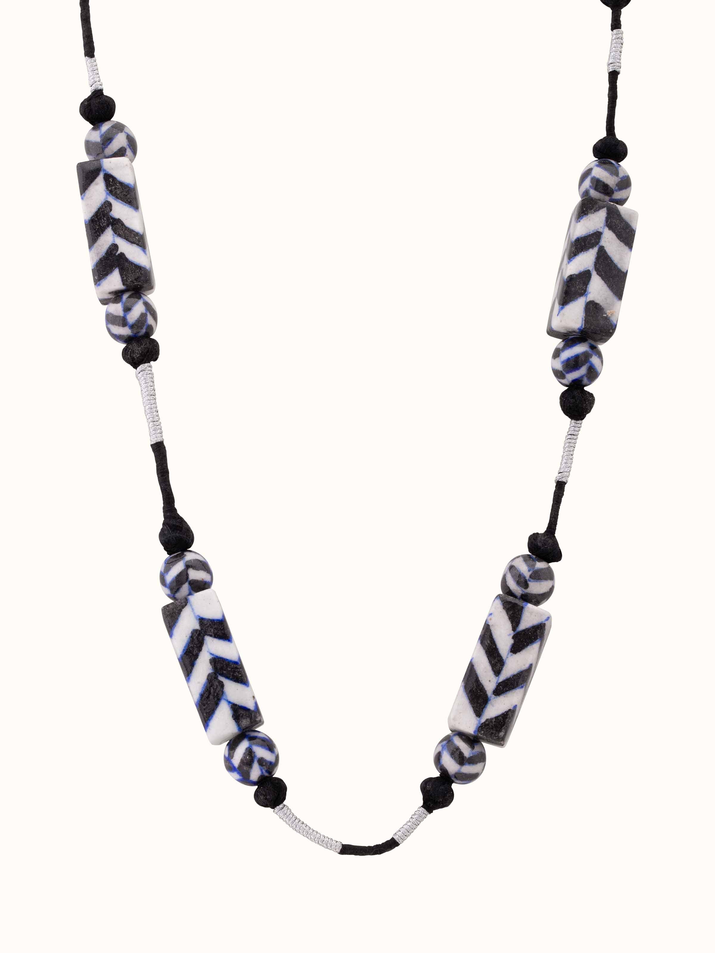 Front view of Blue Pottery Long Necklace showcasing vibrant blue pottery beads and elegant design.