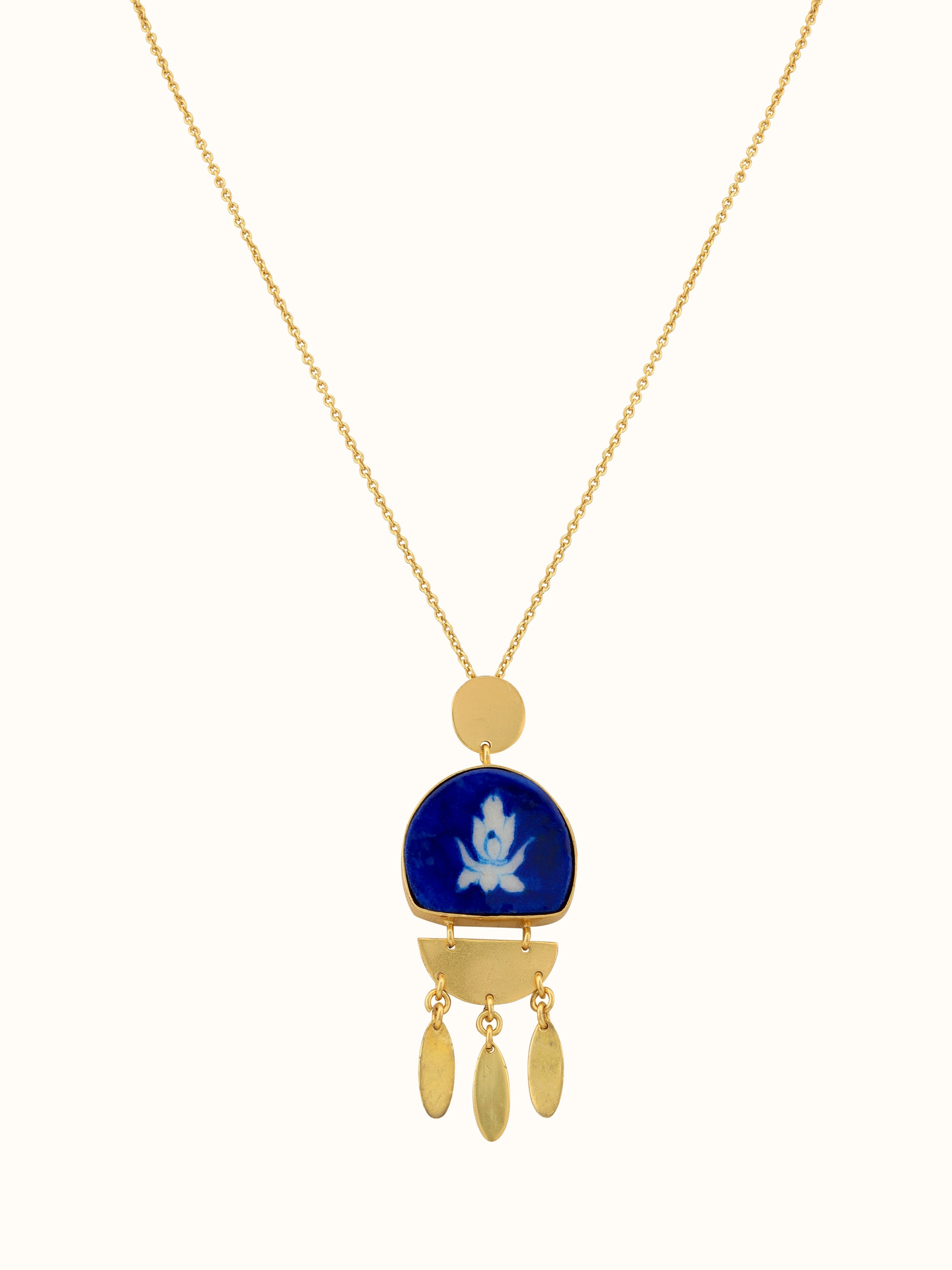 Front view of Blue Pottery Pendant and Chain, showcasing vibrant blue pottery pendant with intricate designs and matching chain.