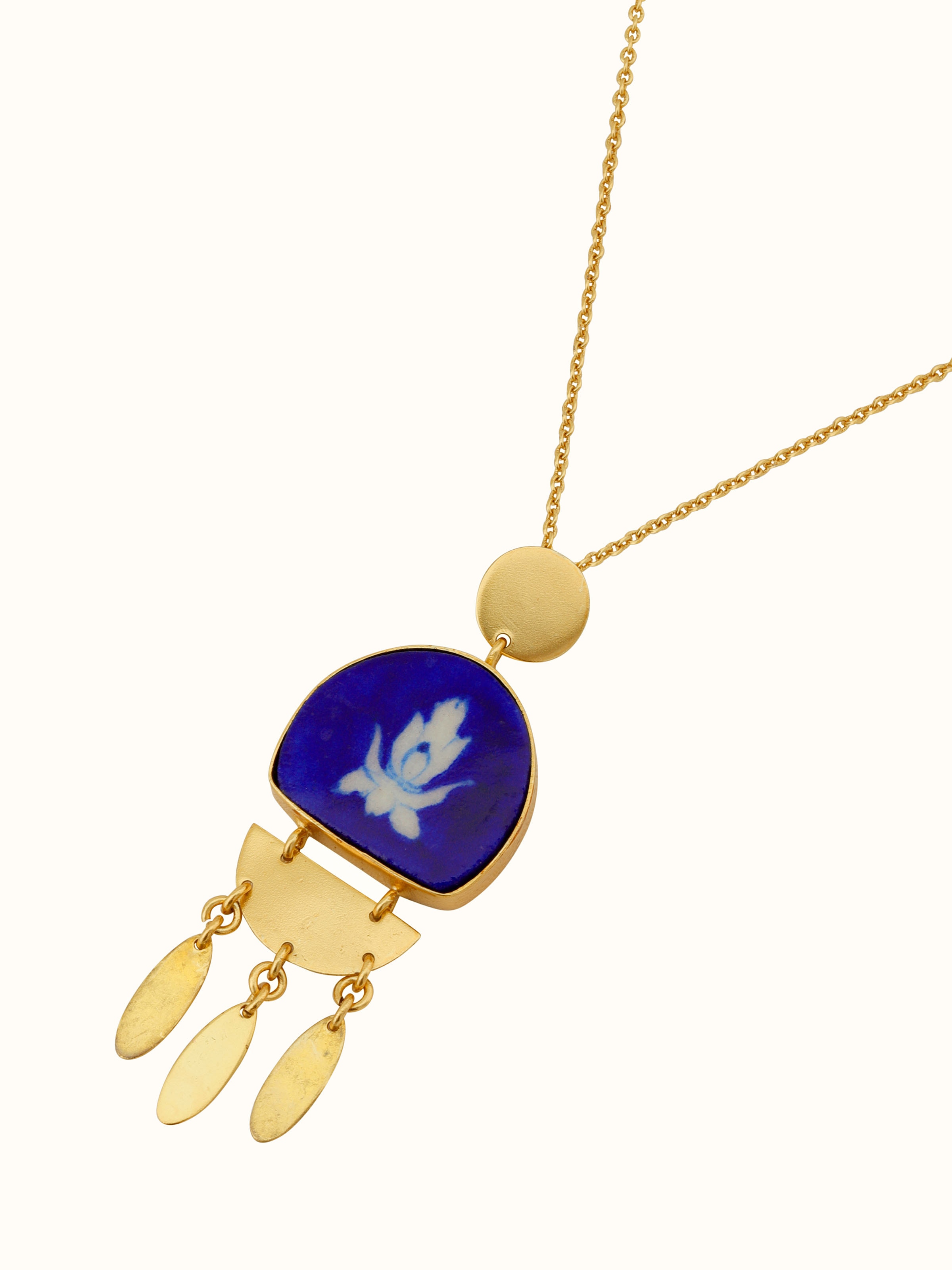 Overhead view of Blue Pottery Pendant and Chain highlighting the detailed beadwork and elegant pendant design.