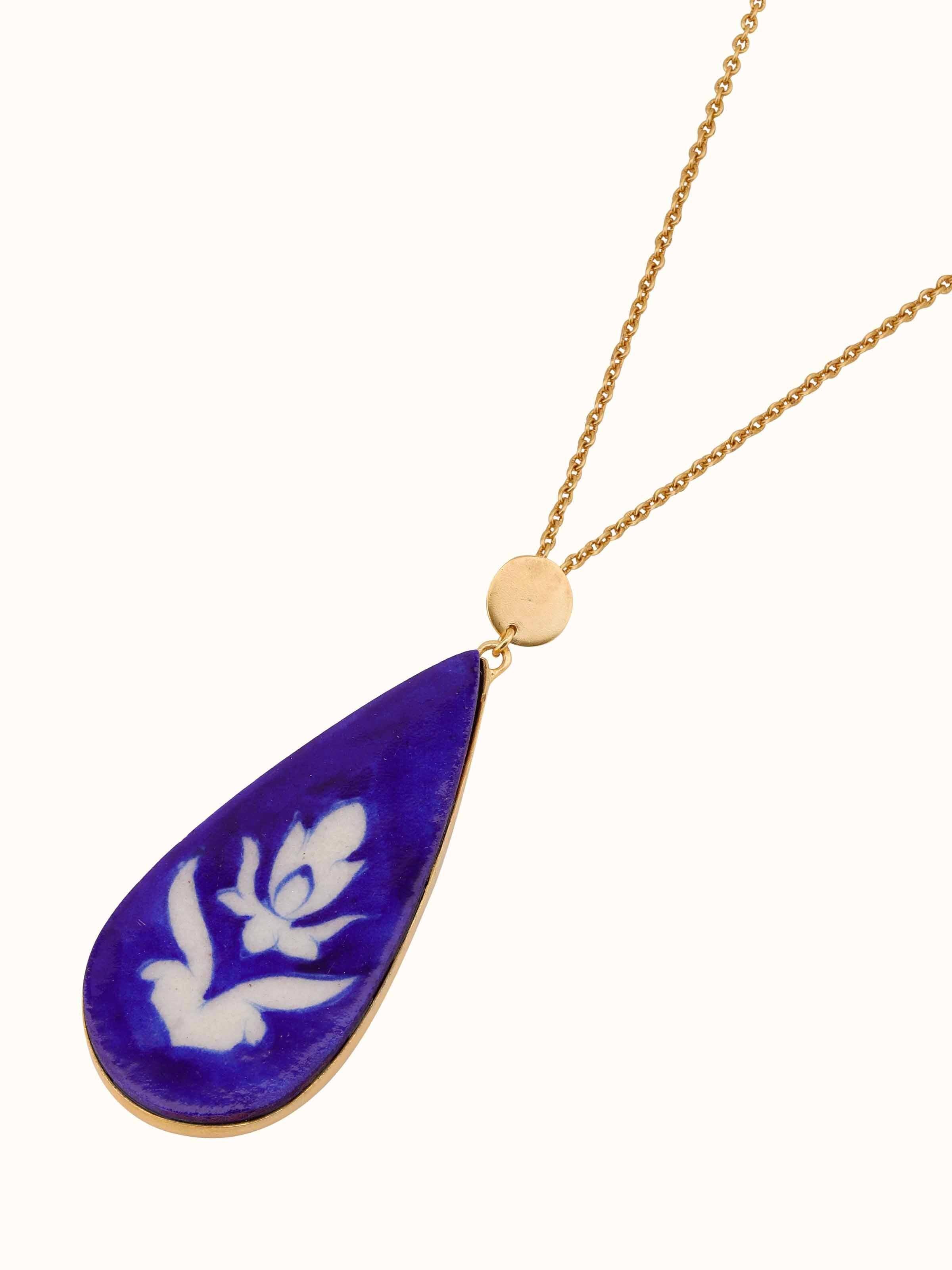 Back view of Blue Pottery Pendant & Chain showing the smooth finish of the pendant and the secure chain attachment.