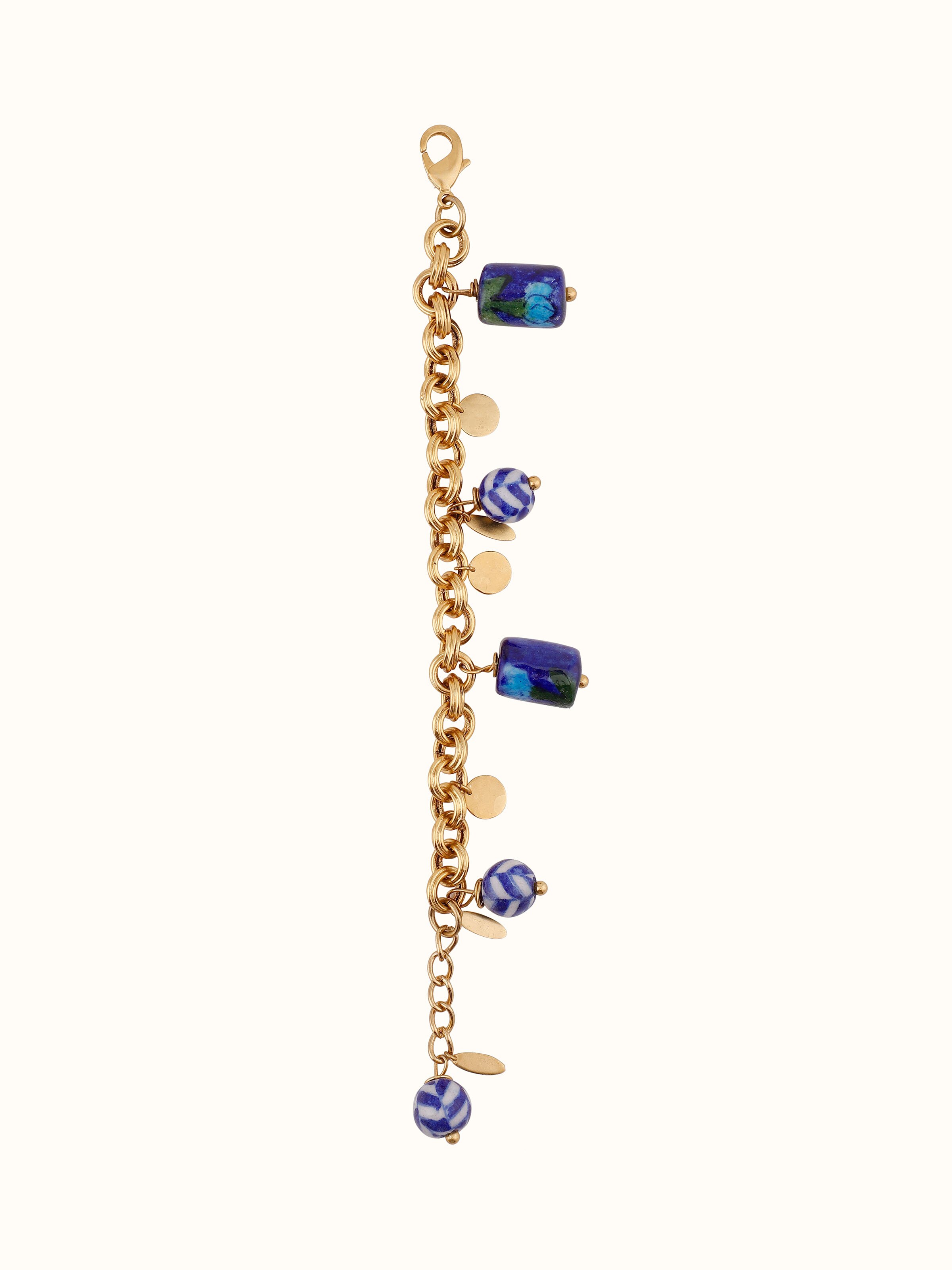 Front view of blue pottery pendant and chain showcasing its vibrant colors and design