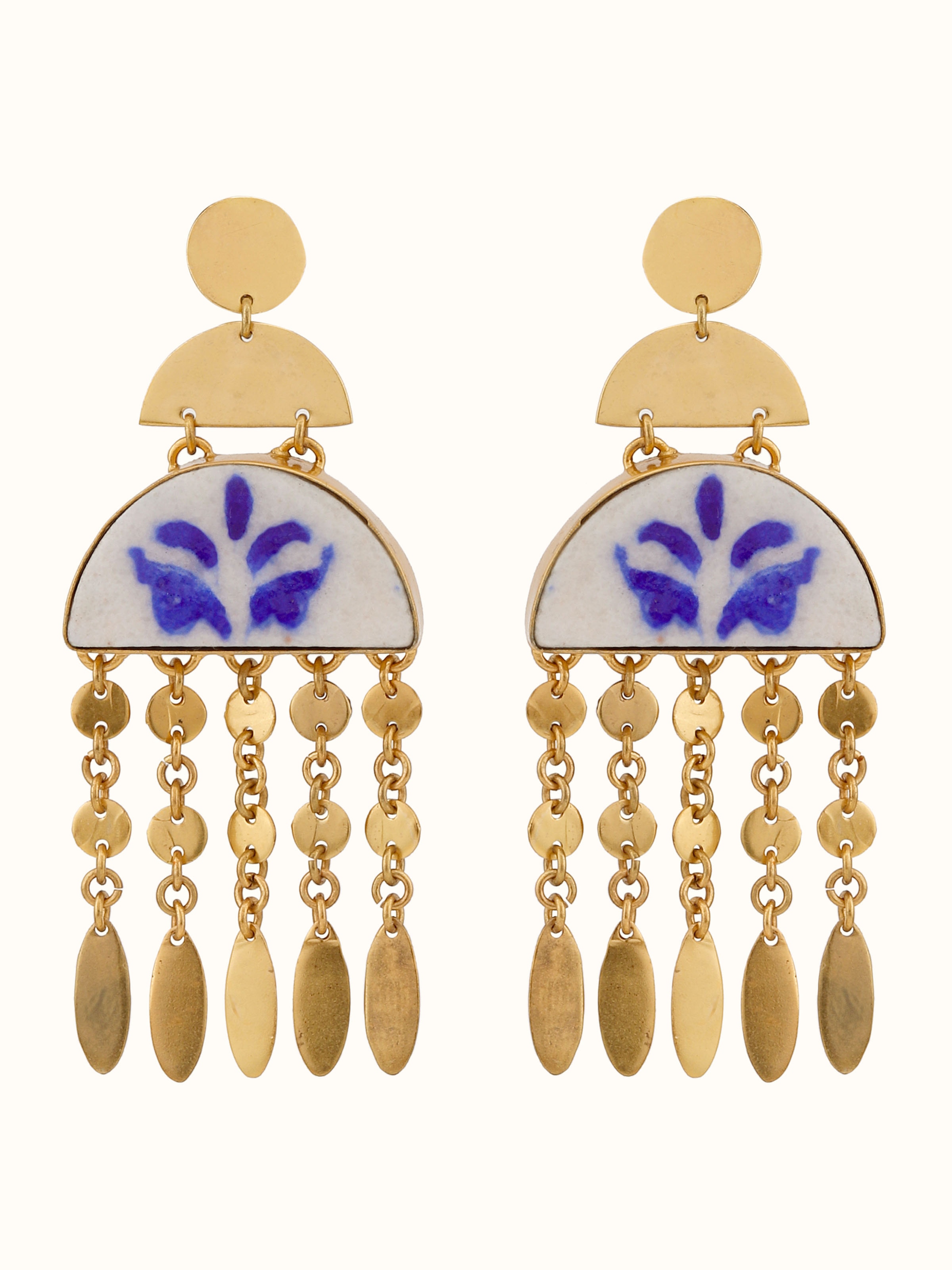 Front view of Blue Pottery drop earrings featuring vibrant blue designs and fine craftsmanship