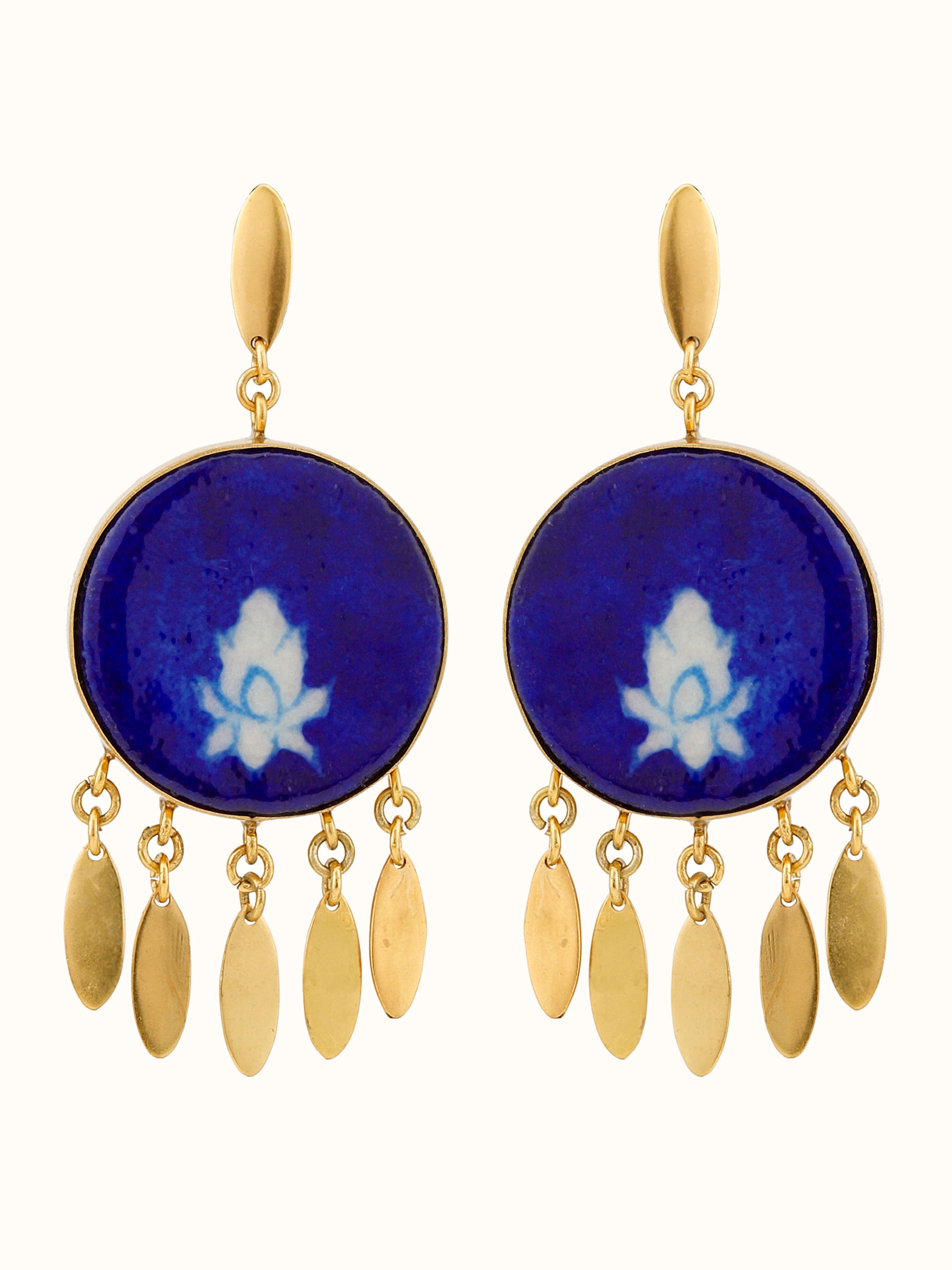 Front view of Blue pottery drop earrings showcasing vibrant blue design