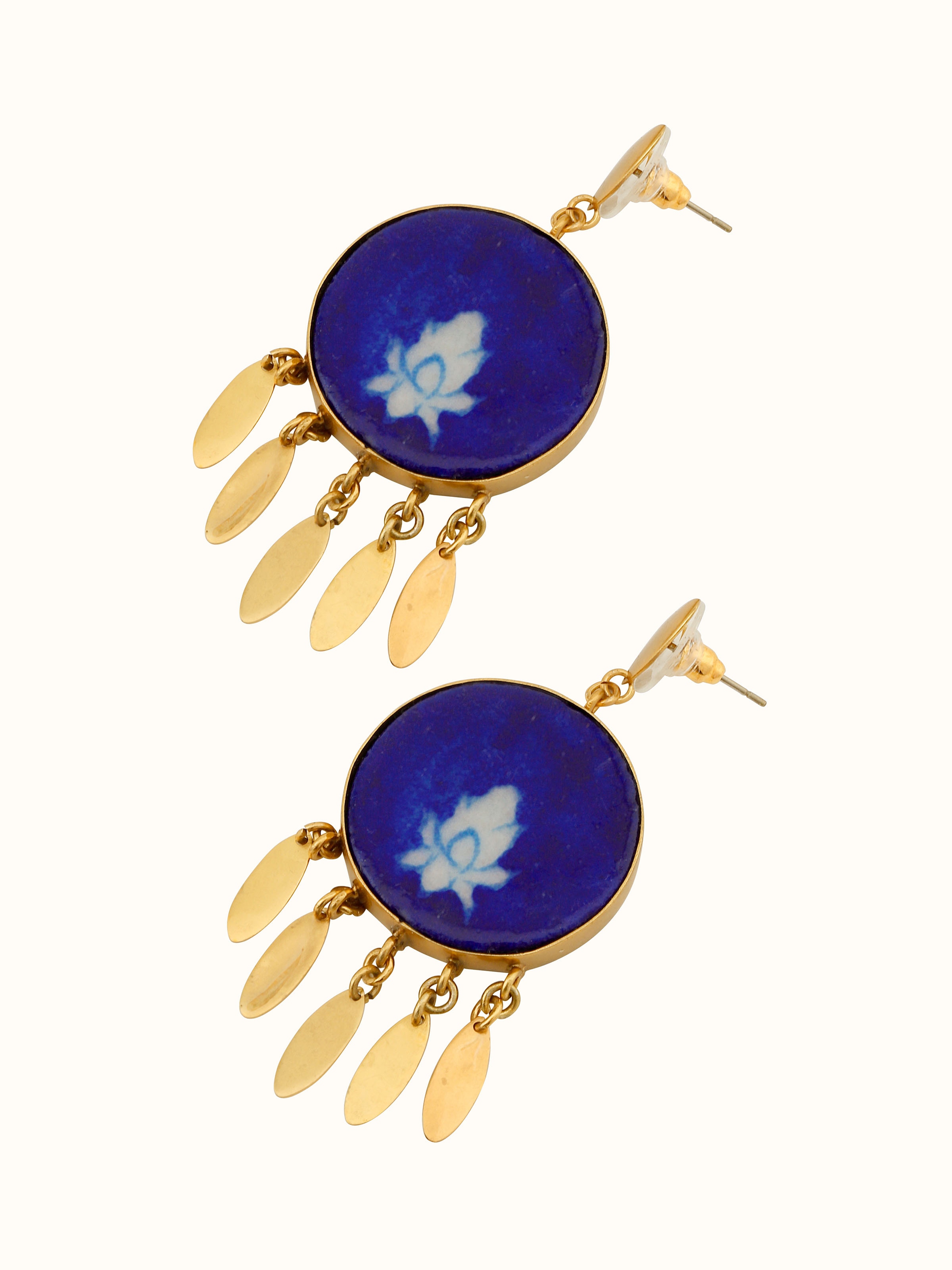 Overhead view of Blue pottery drop earrings showcasing overall design and finish