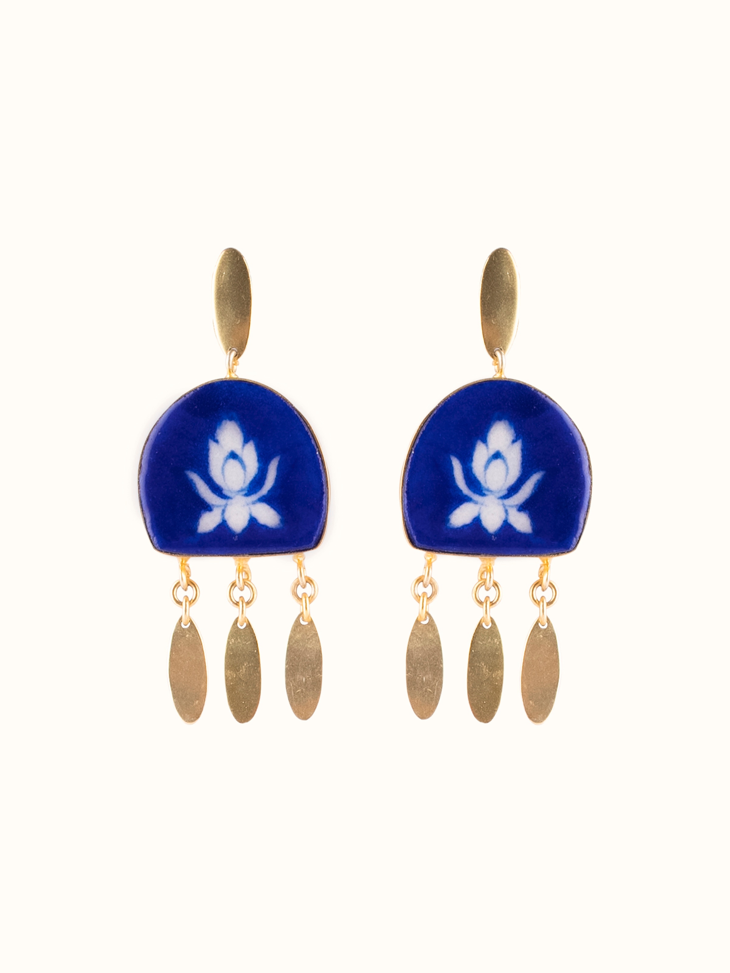 Front view of blue pottery drop earrings showcasing the vibrant colors and intricate patterns.