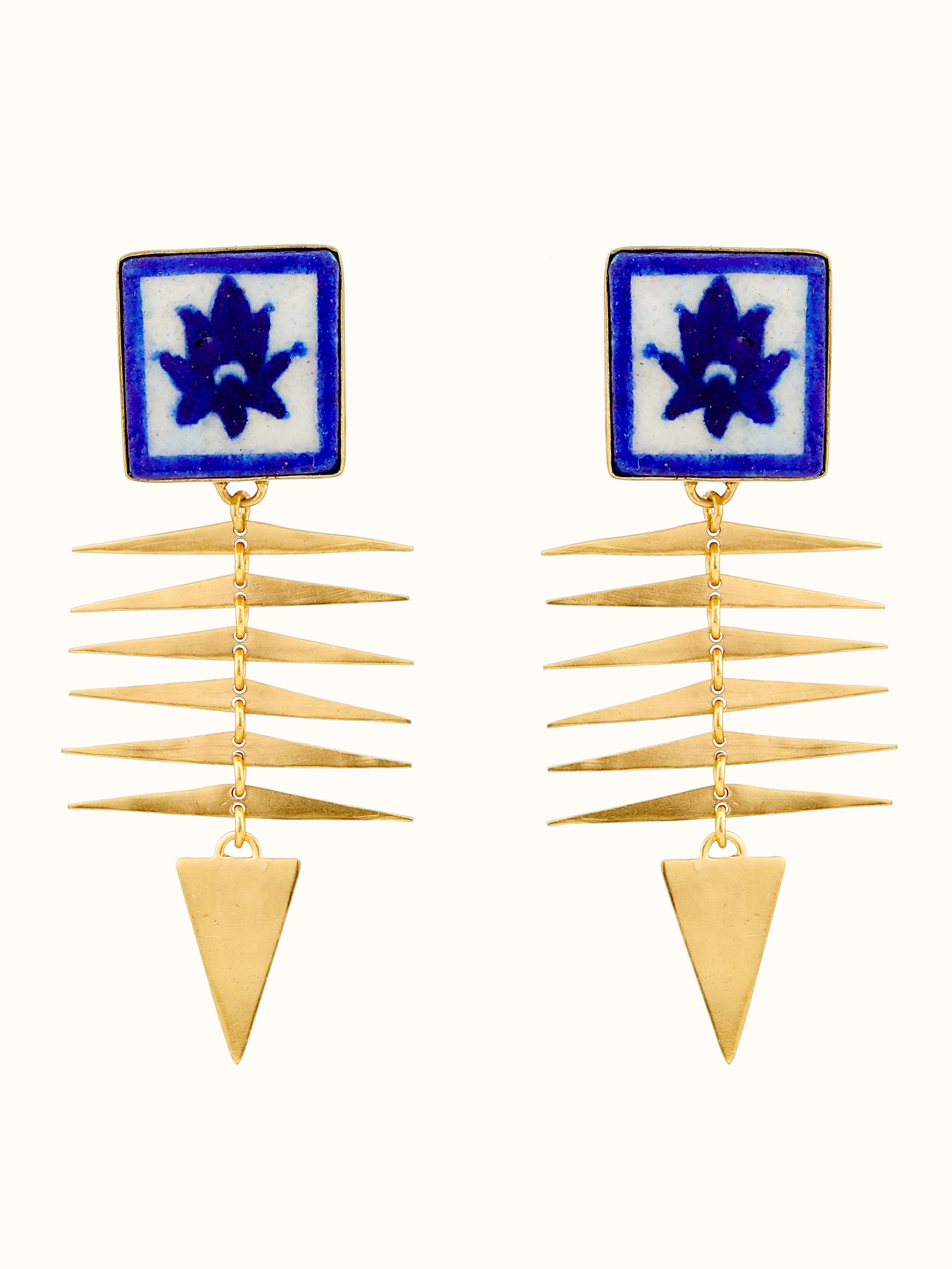 Front view of Blue Pottery Drop Earrings featuring vibrant blue pottery and intricate design details.