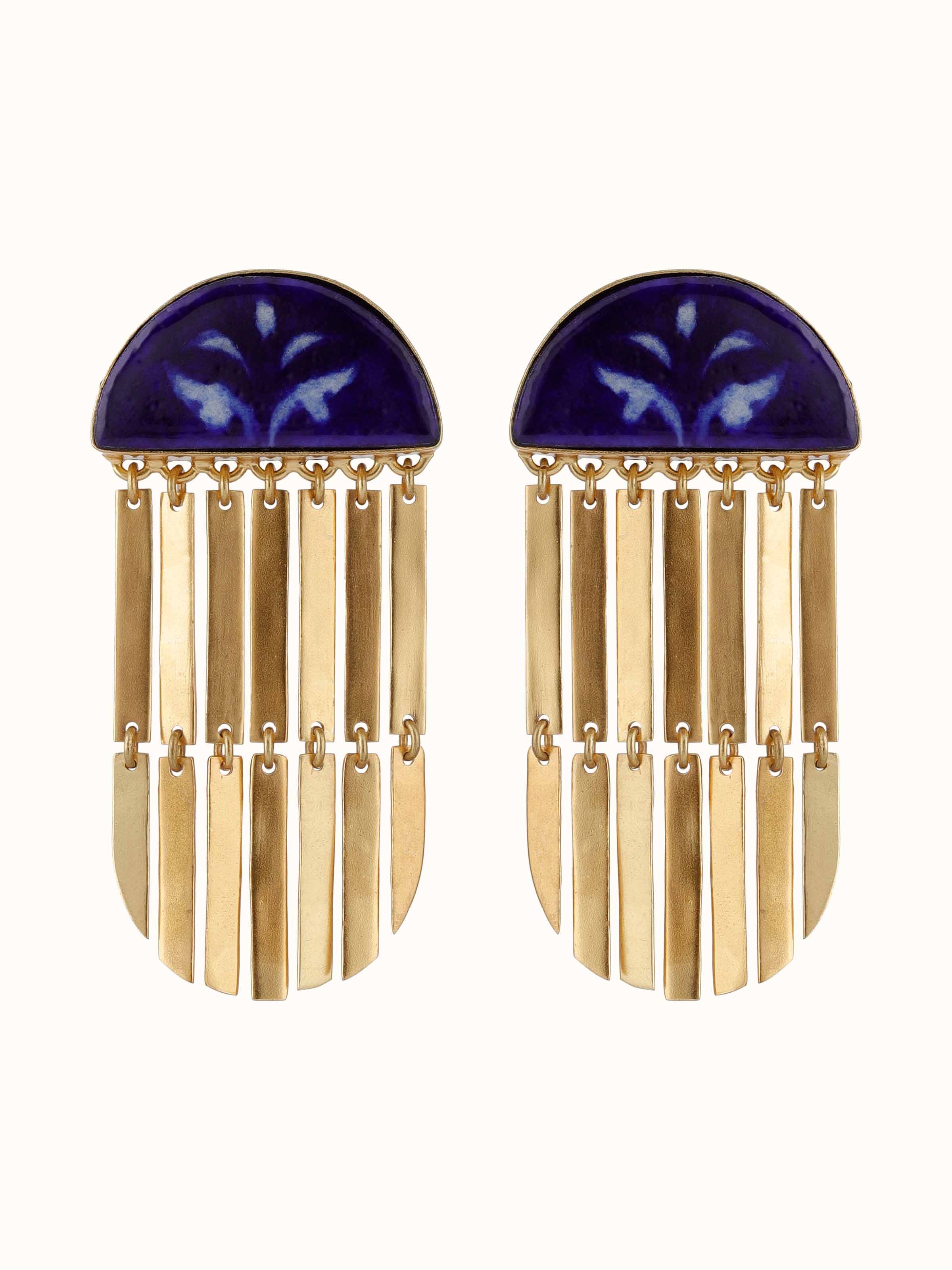 Front view of Blue Pottery Drop Earrings showcasing vibrant blue pottery with intricate designs and drop earring style.