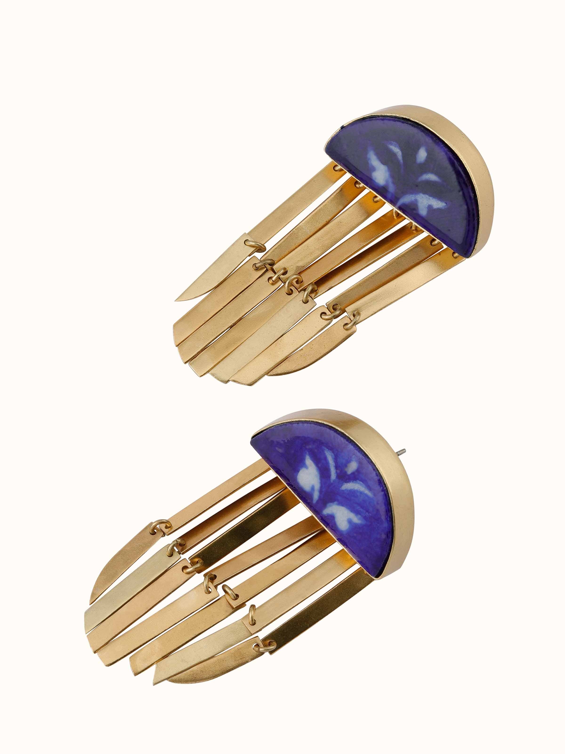 Back view of Blue Pottery Drop Earrings showing the secure earring fastening and smooth design.