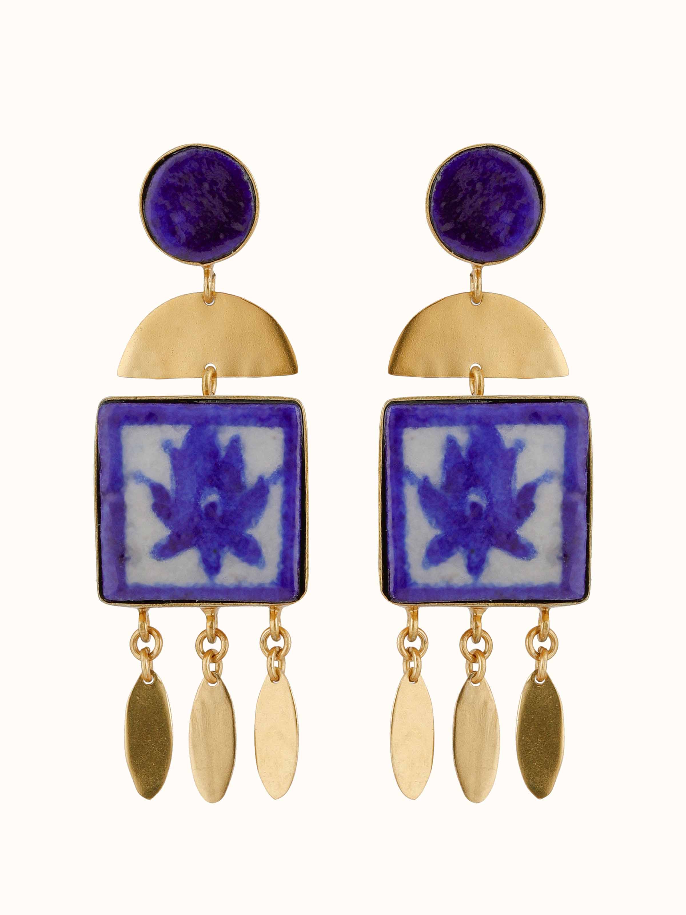 Front view of blue pottery drop earrings featuring unique pottery design and color