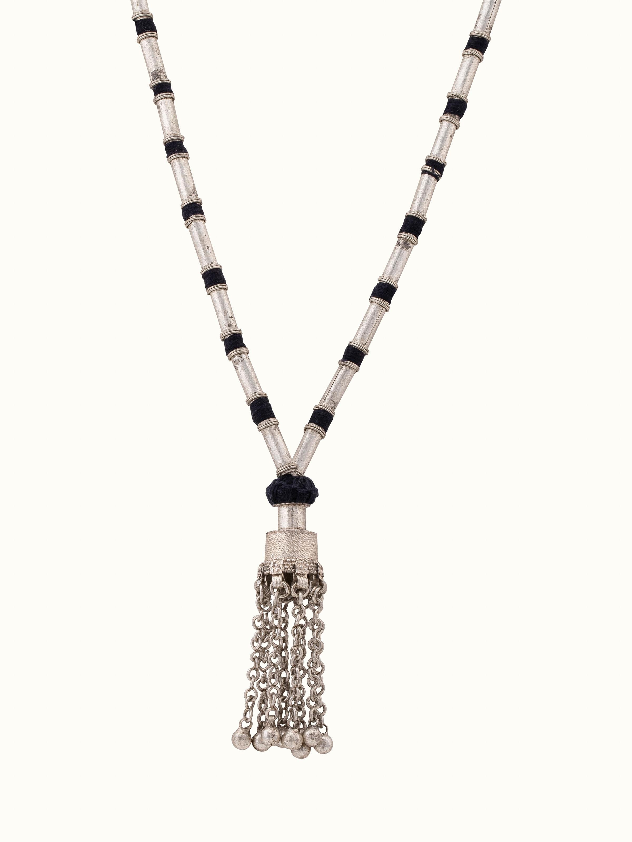 Front view of Lambani Long Necklace featuring vibrant colors and traditional Lambani beadwork design.
