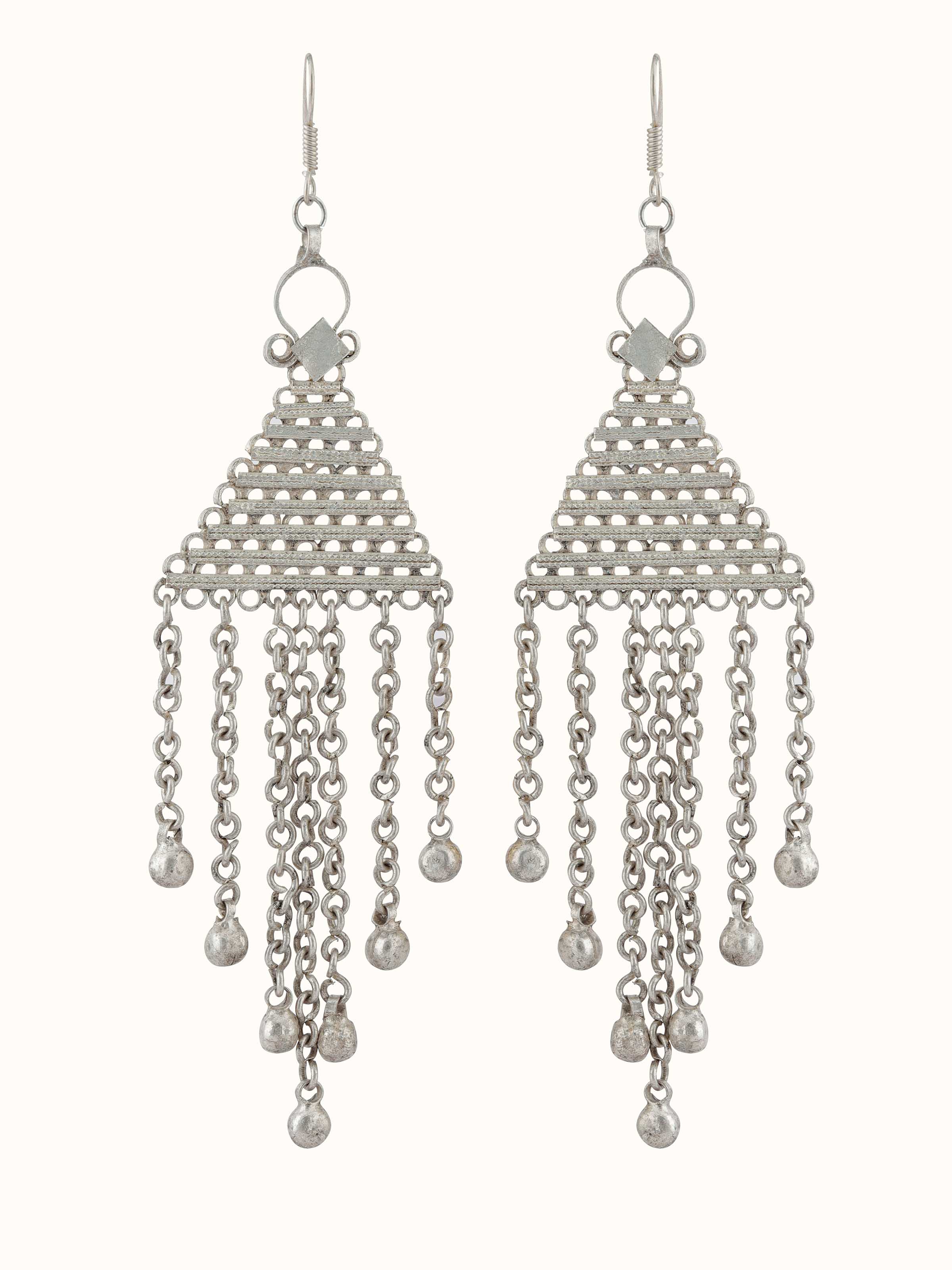 Front view of Lambani earrings featuring traditional design with detailed embellishments.