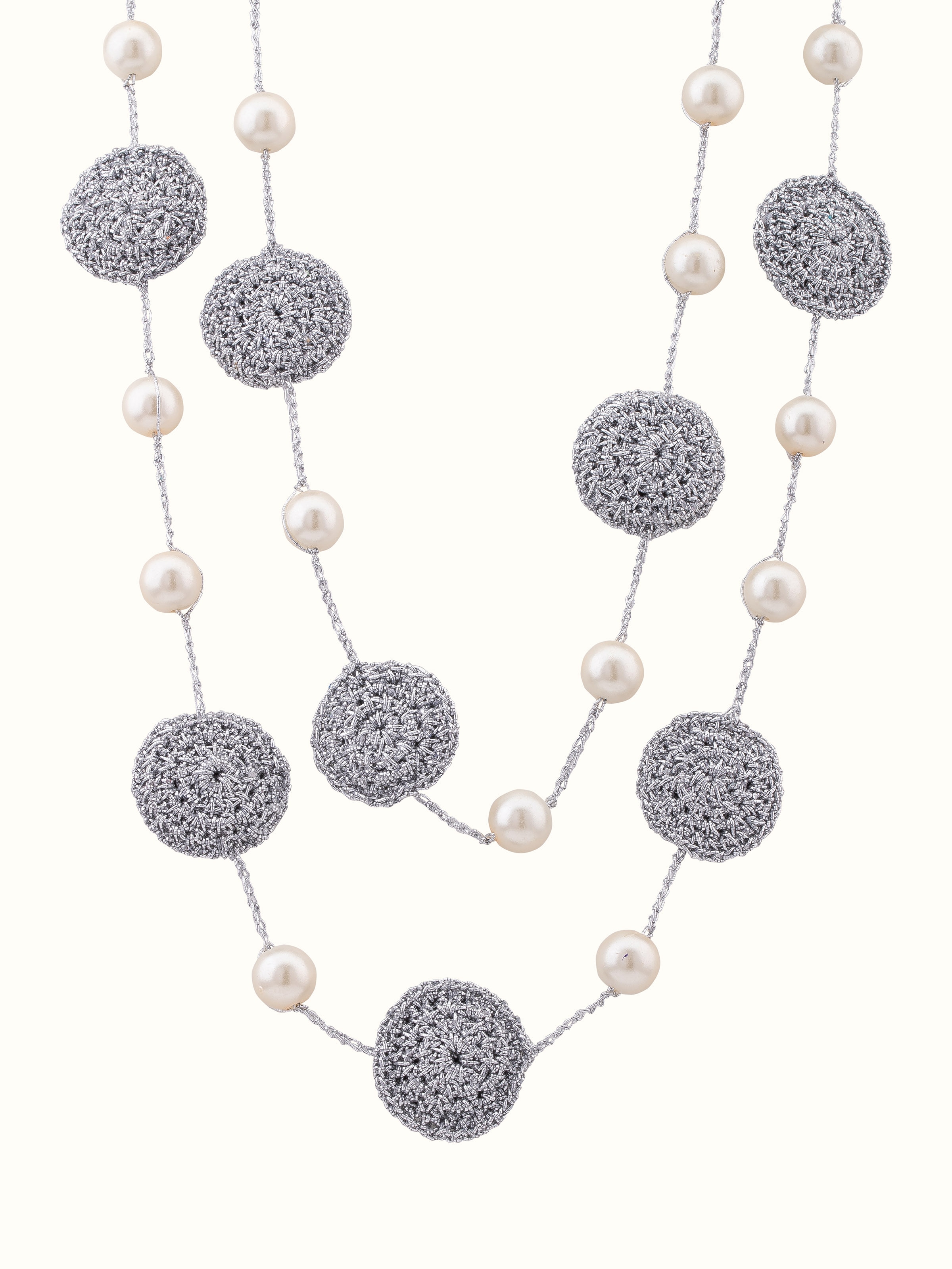 Front view of Crochet Long Necklace showcasing intricate crochet work and design.