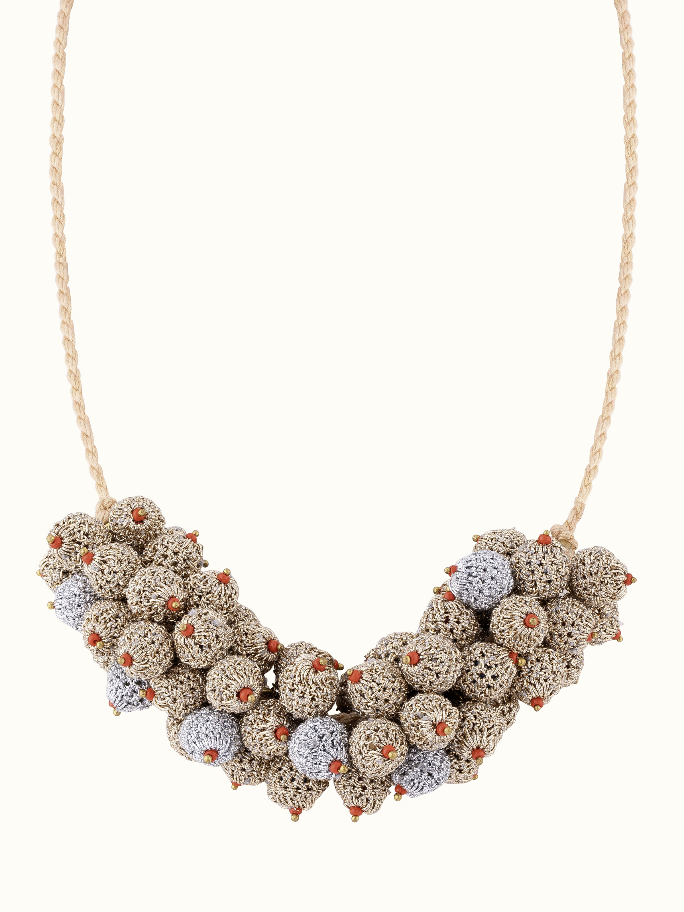 Overhead view of Crochet Collar Necklace featuring unique crochet design and intricate detailing.