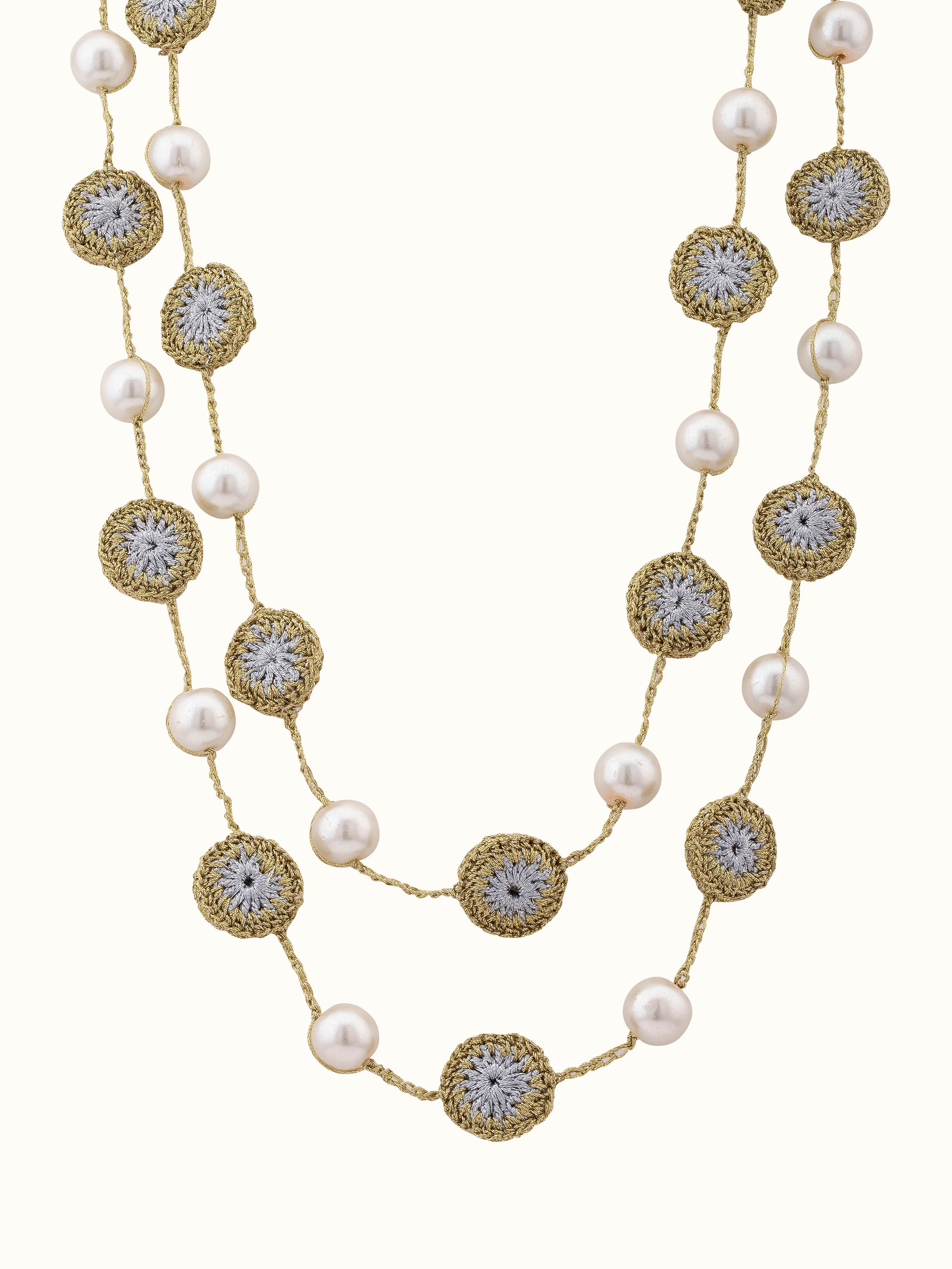 Front view of crochet long necklace showcasing its intricate crochet design.