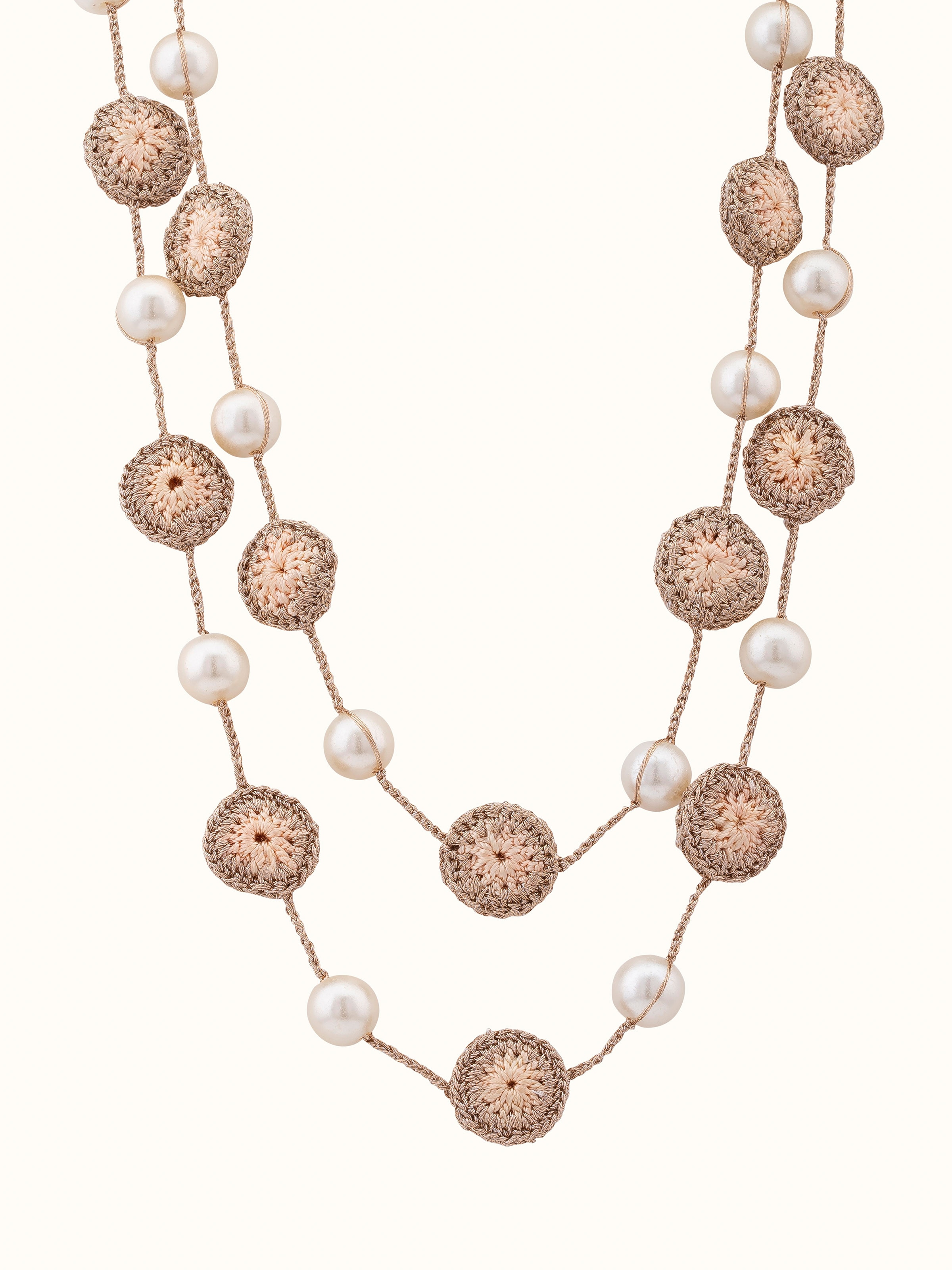 Front view of crochet long necklace showcasing intricate crochet design and patterns