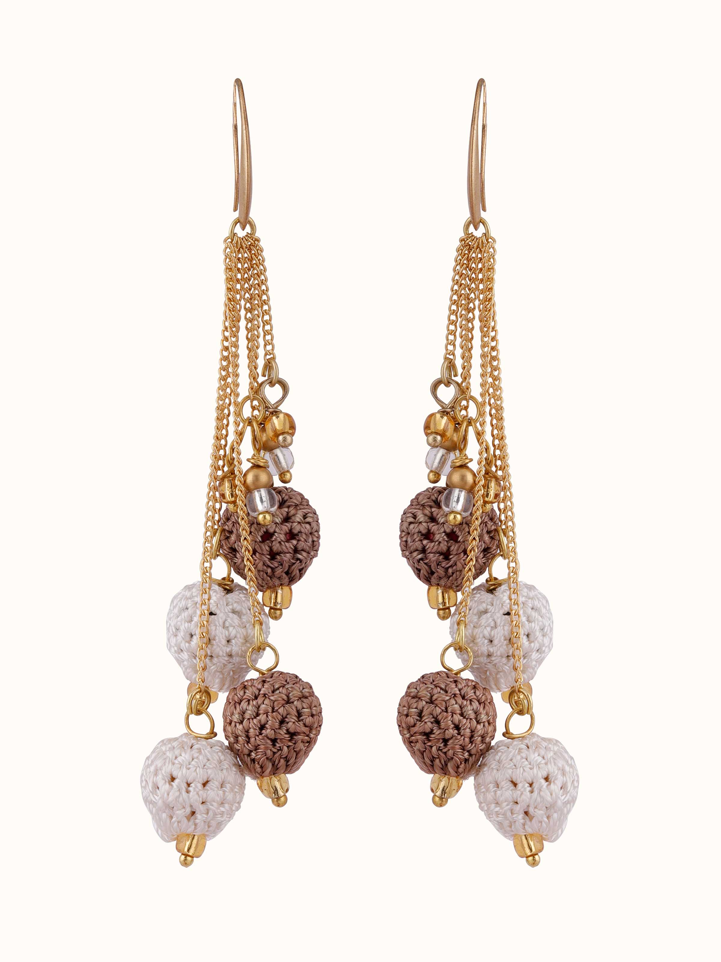 Front view of Crochet Drop Earrings featuring a stylish crochet pattern with a modern drop design.