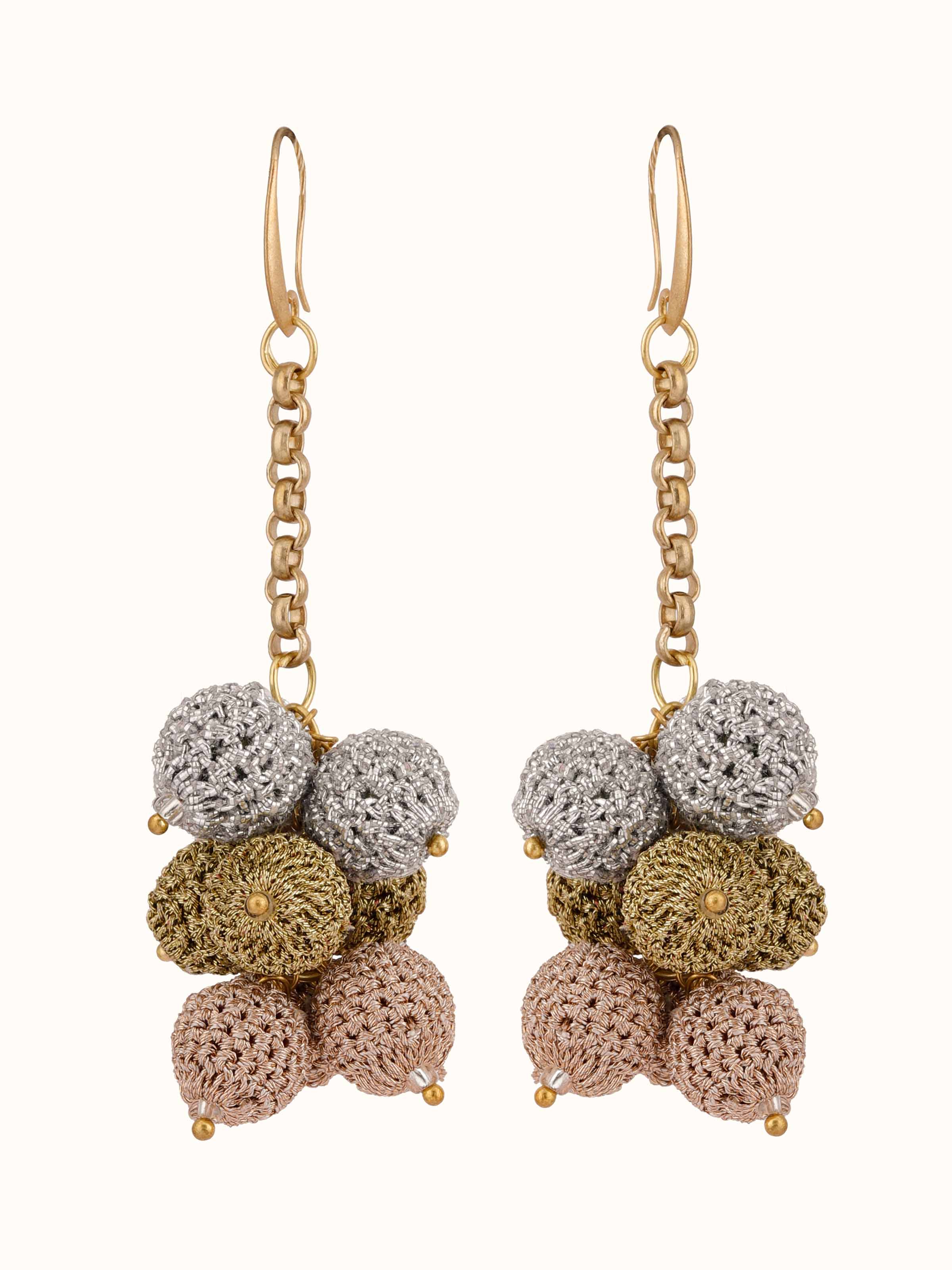 Front view of Crochet Drop Earrings showcasing unique crochet design and detailed craftsmanship.