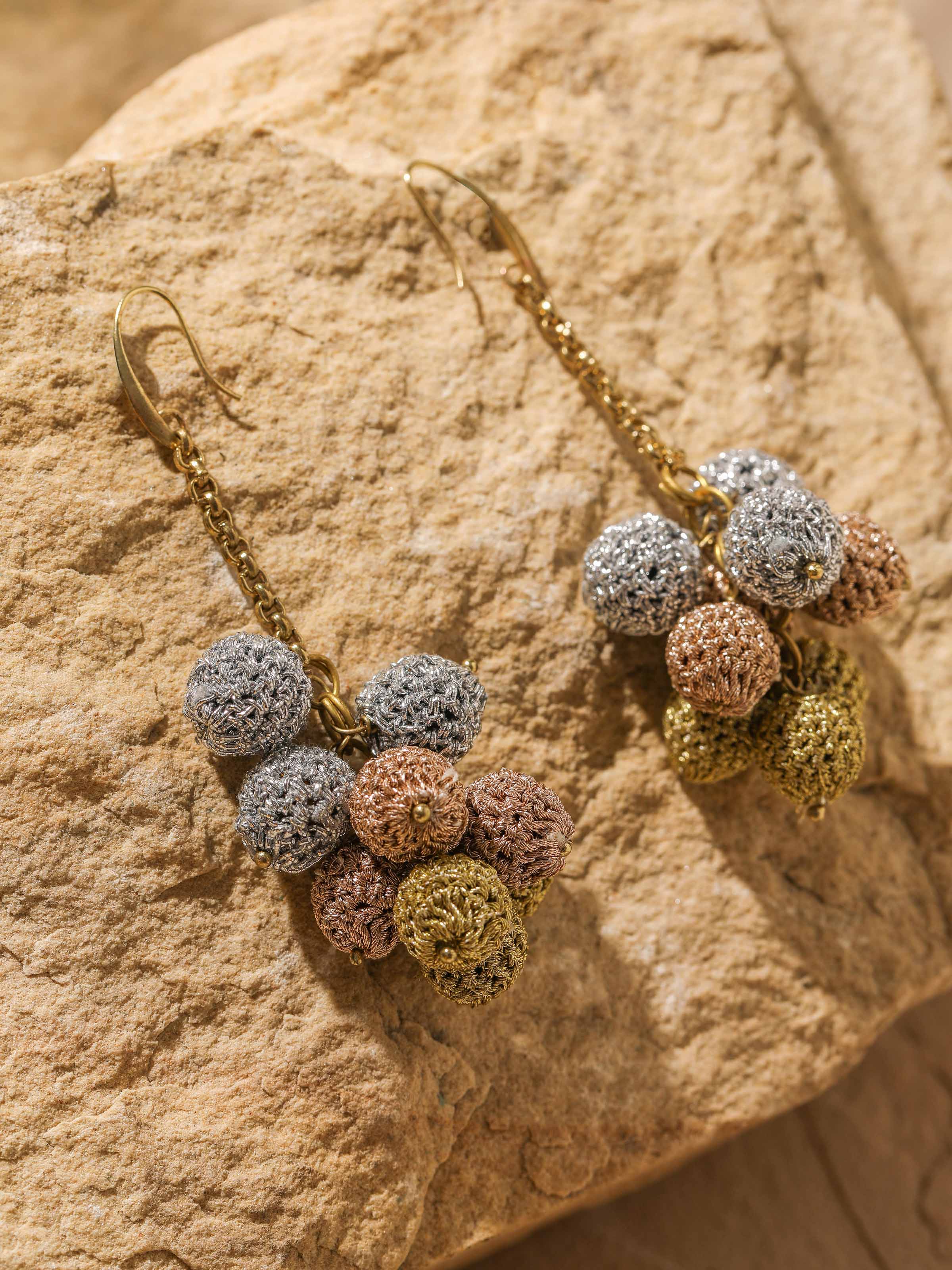 Detailed view of Crochet Drop Earrings emphasizing the crochet craftsmanship and elegant design.