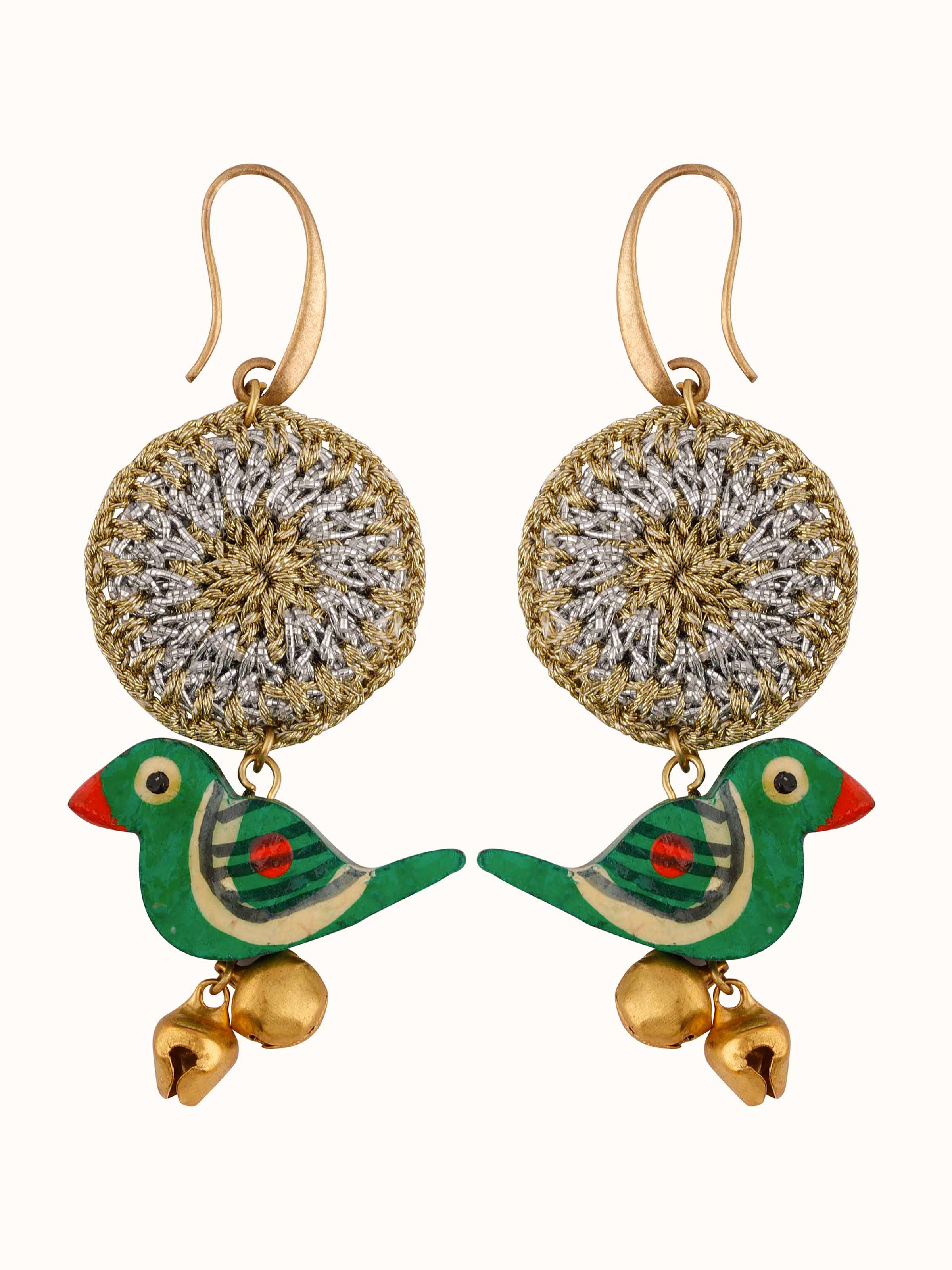Front view of crochet drop earrings showcasing intricate crochet patterns and design