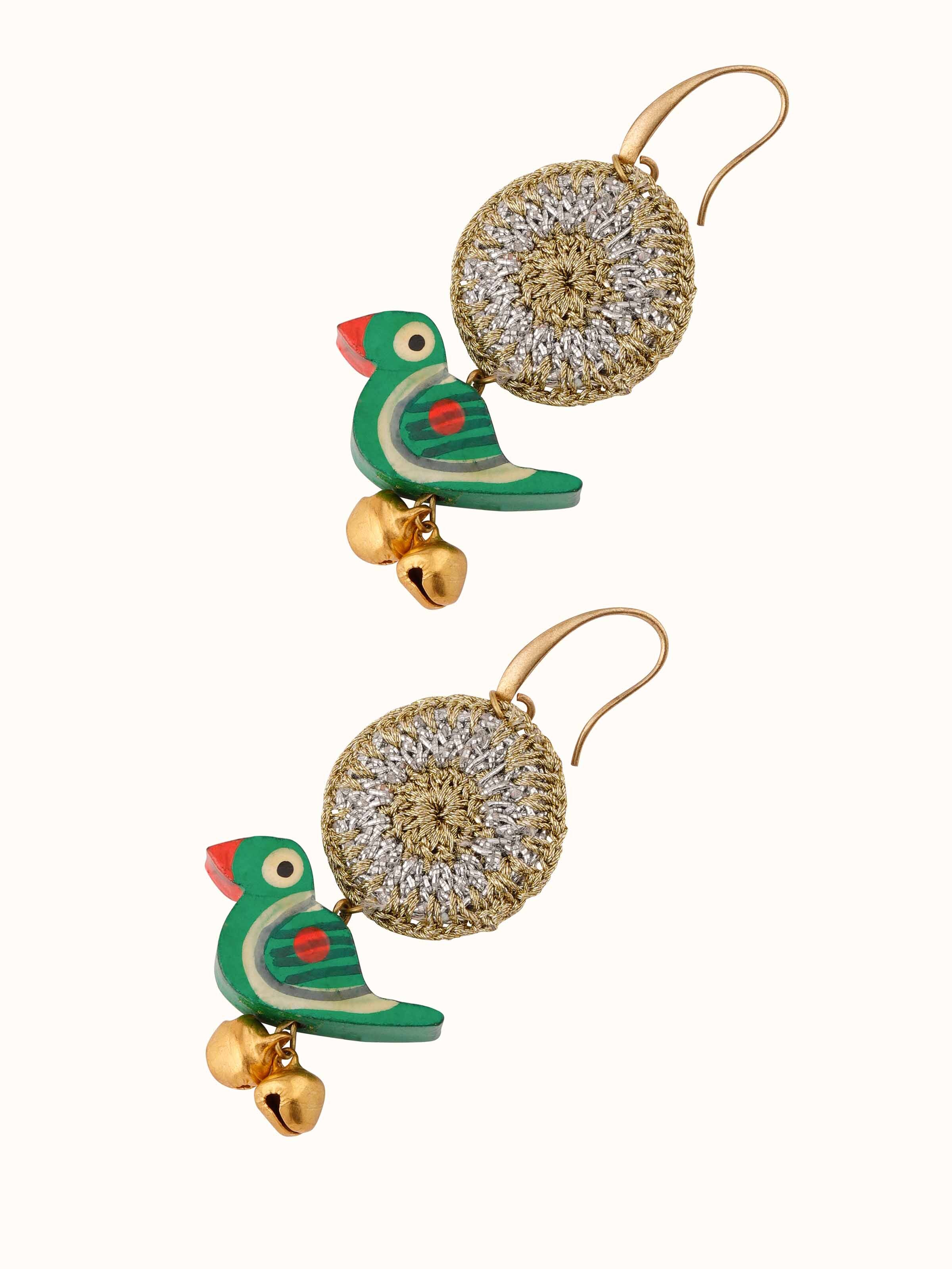 Angled view of crochet drop earrings showcasing unique crochet elements and texture