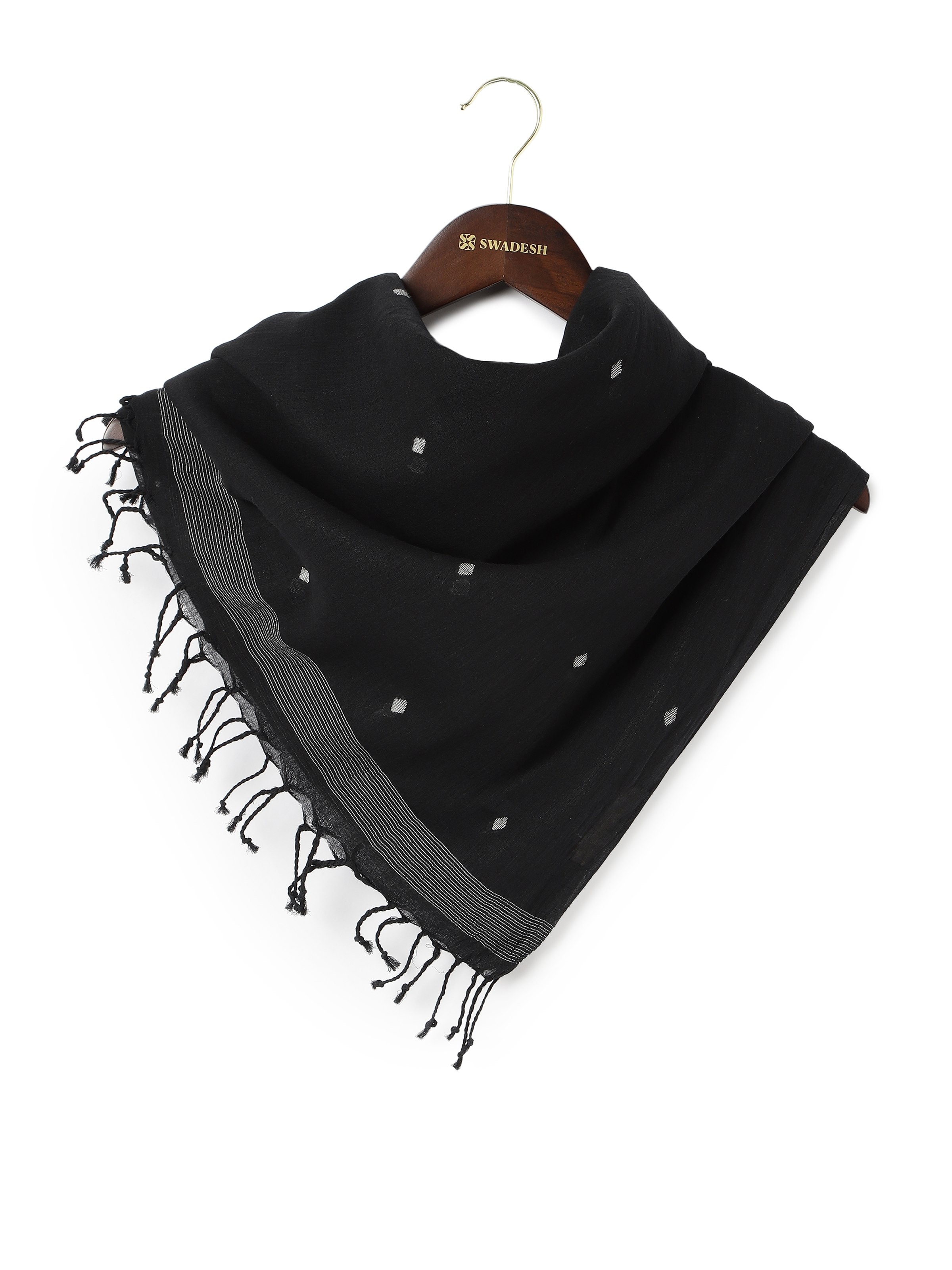 Front view of plain black cotton stole with soft texture and fine weave.