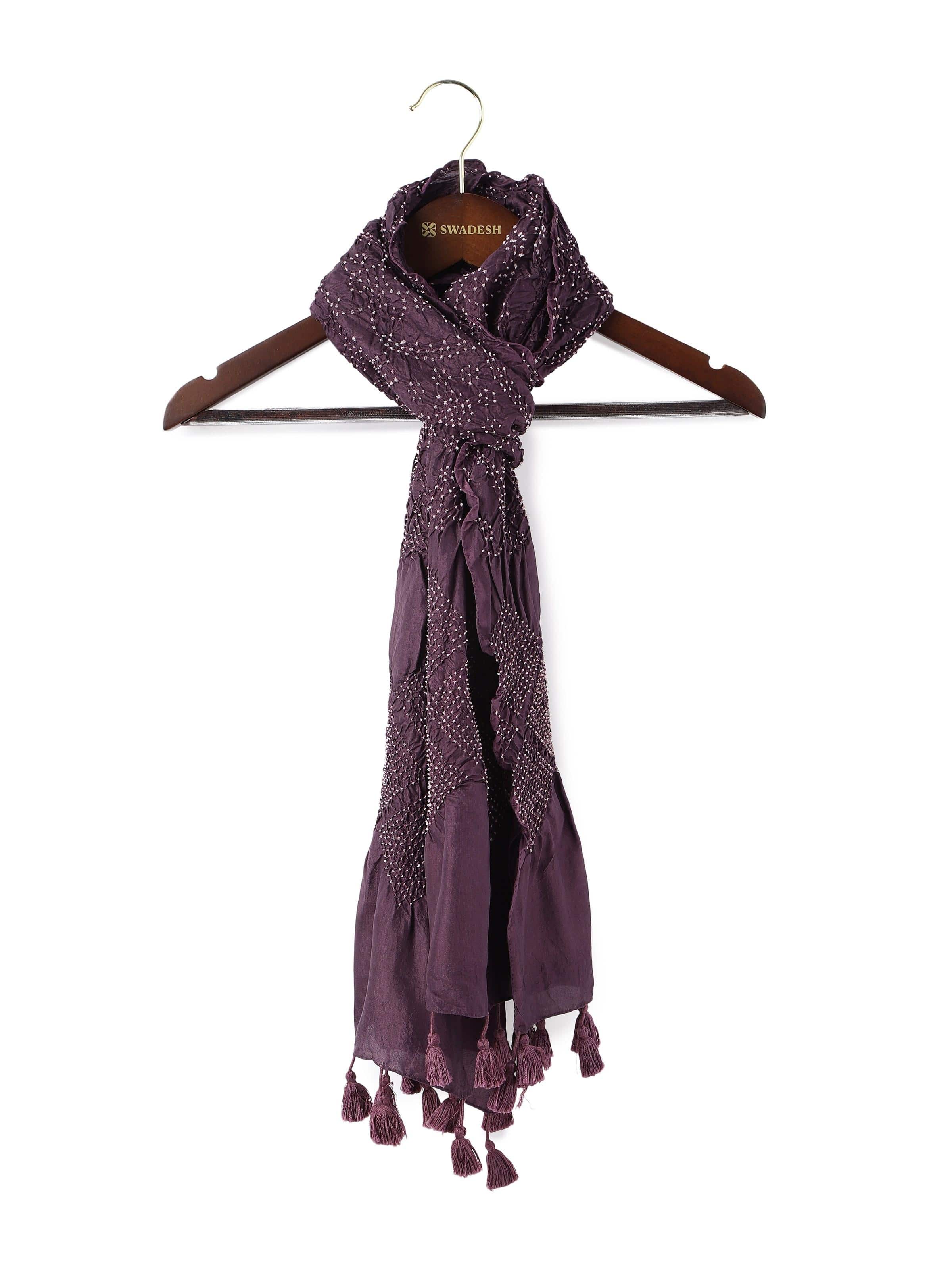 Front view of purple silk Bandhani stole featuring traditional tie-dye patterns and lustrous finish
