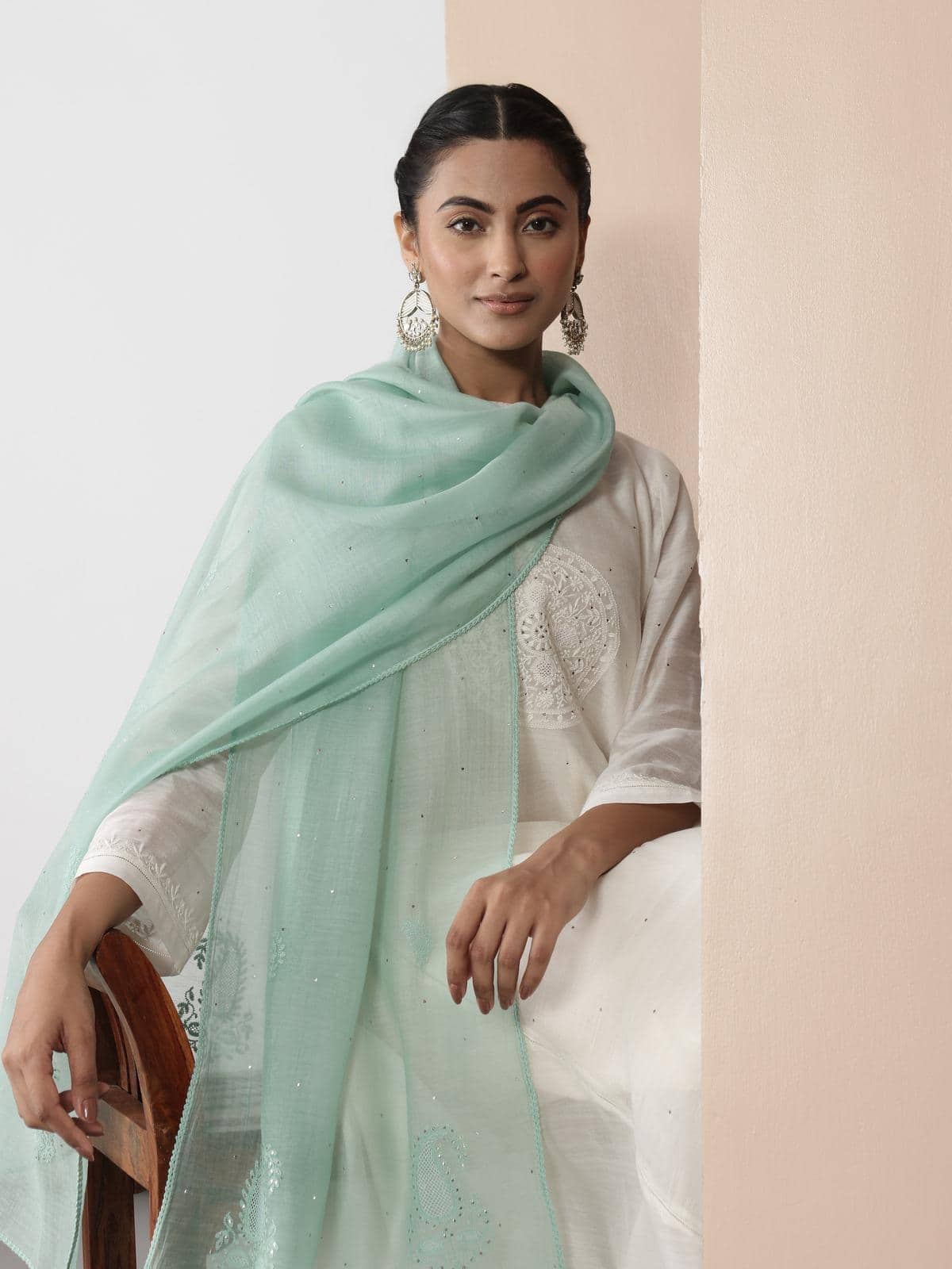 Light Blue Cotton Silk Chikankari Stole