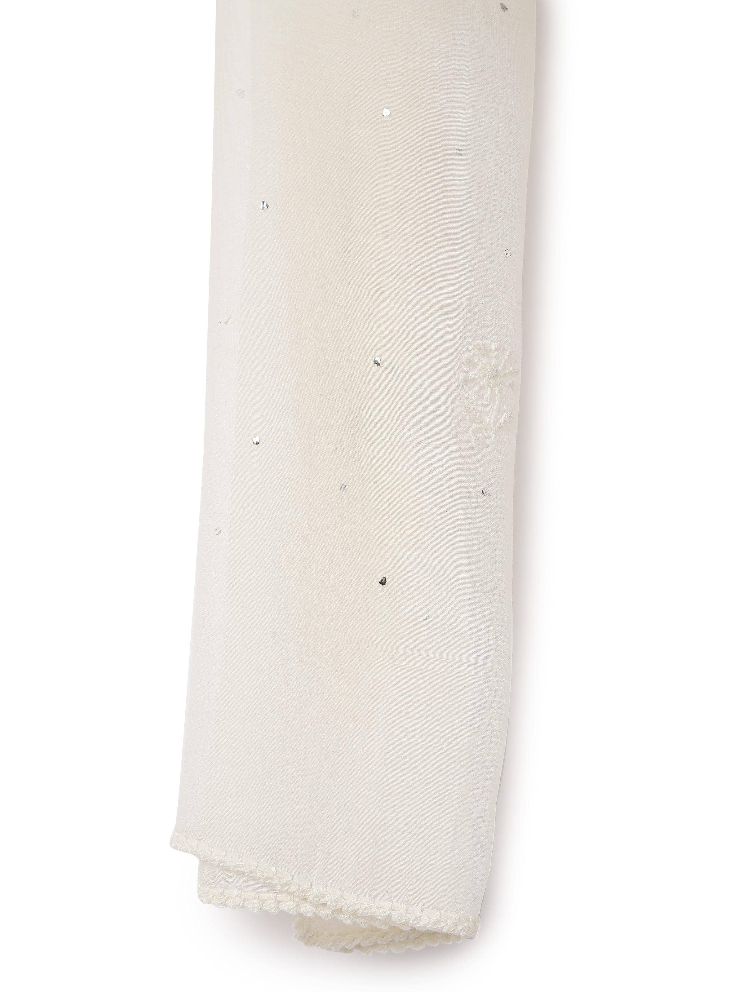 Close-up view of Chikankari embroidery on white cotton silk stole, highlighting fine grapevine motif craftsmanship.