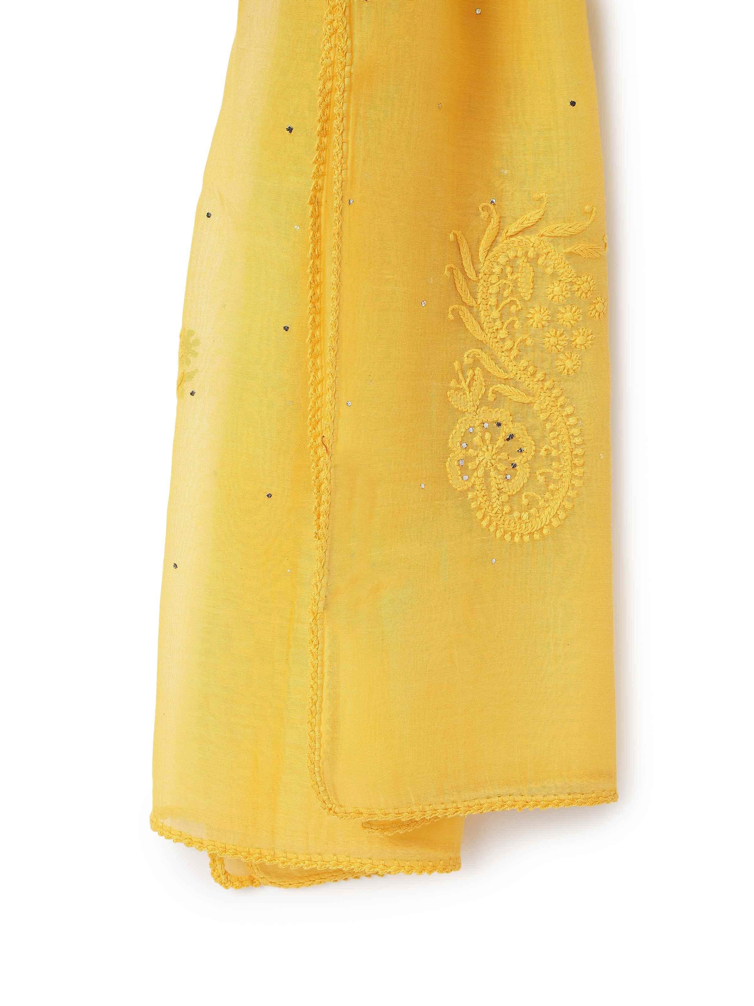 Detailed close-up of chikankari embroidery on yellow cotton silk stole showing fine stitch work.
