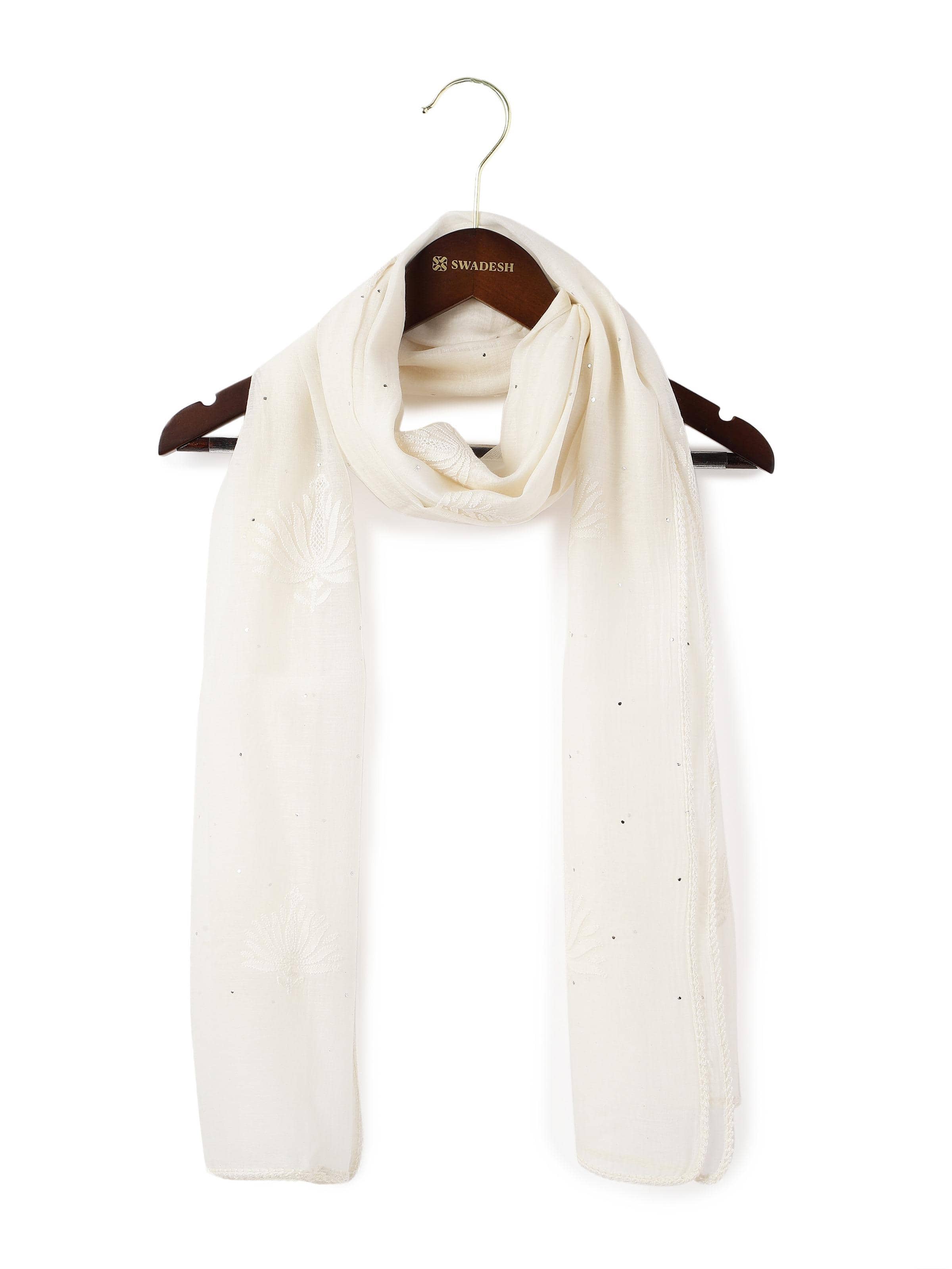 Front view of White Cotton Silk Chikankari Stole featuring delicate lotus embroidery.