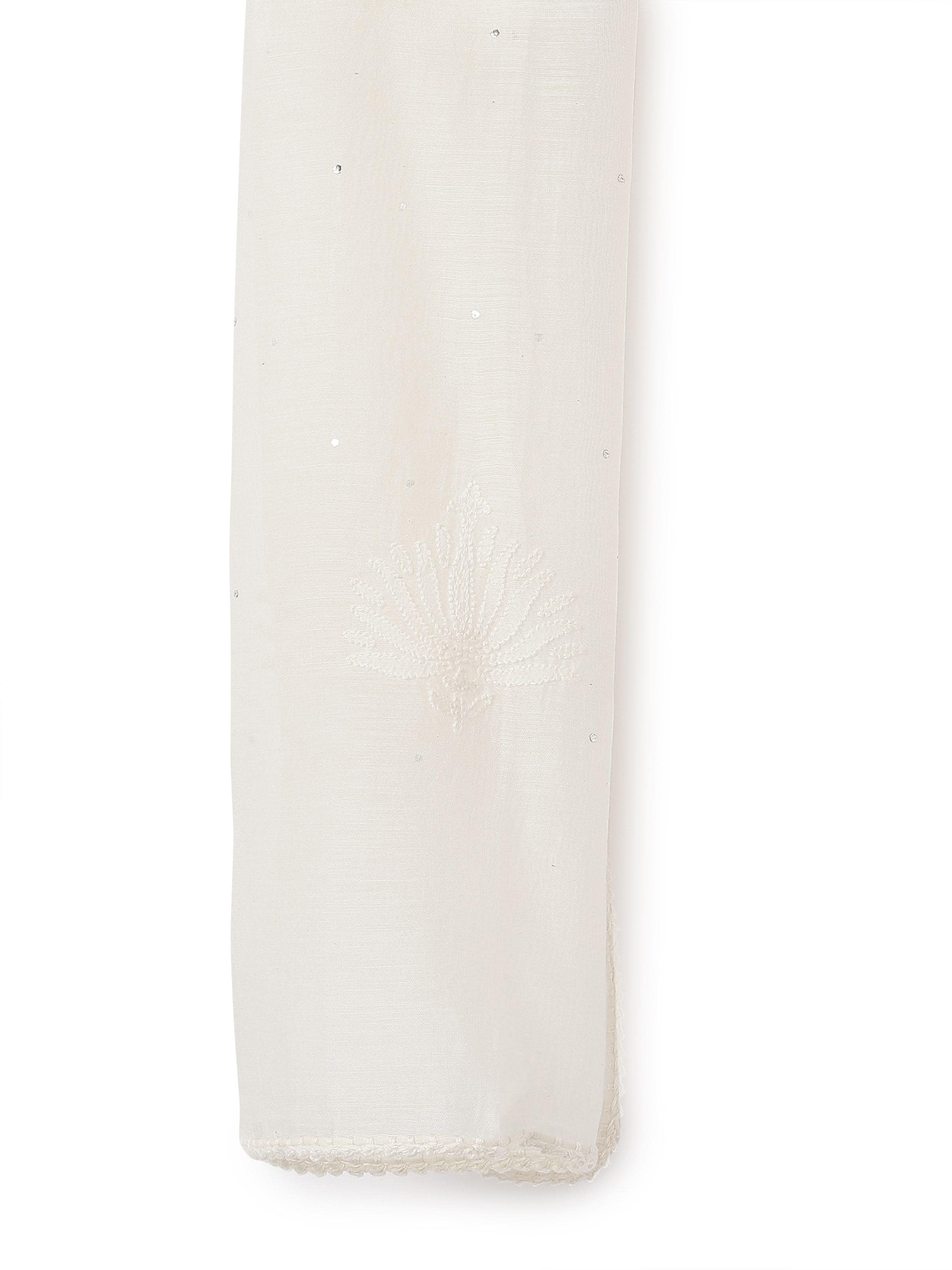 Detailed close-up of White Cotton Silk Chikankari Stole embroidery showcasing fine chikankari work.