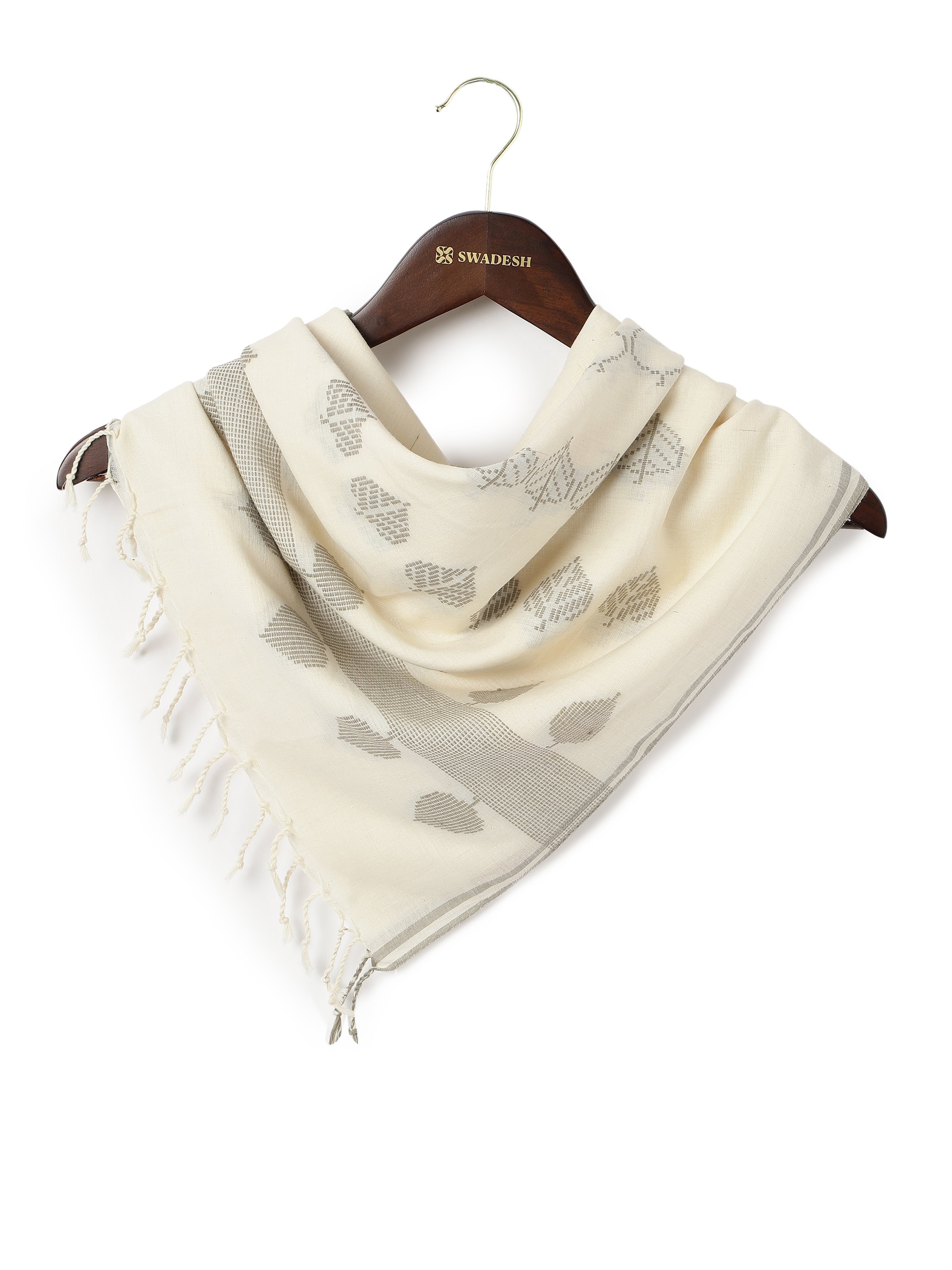 Front view of off-white cotton extra-weft stole featuring subtle geometric weave.
