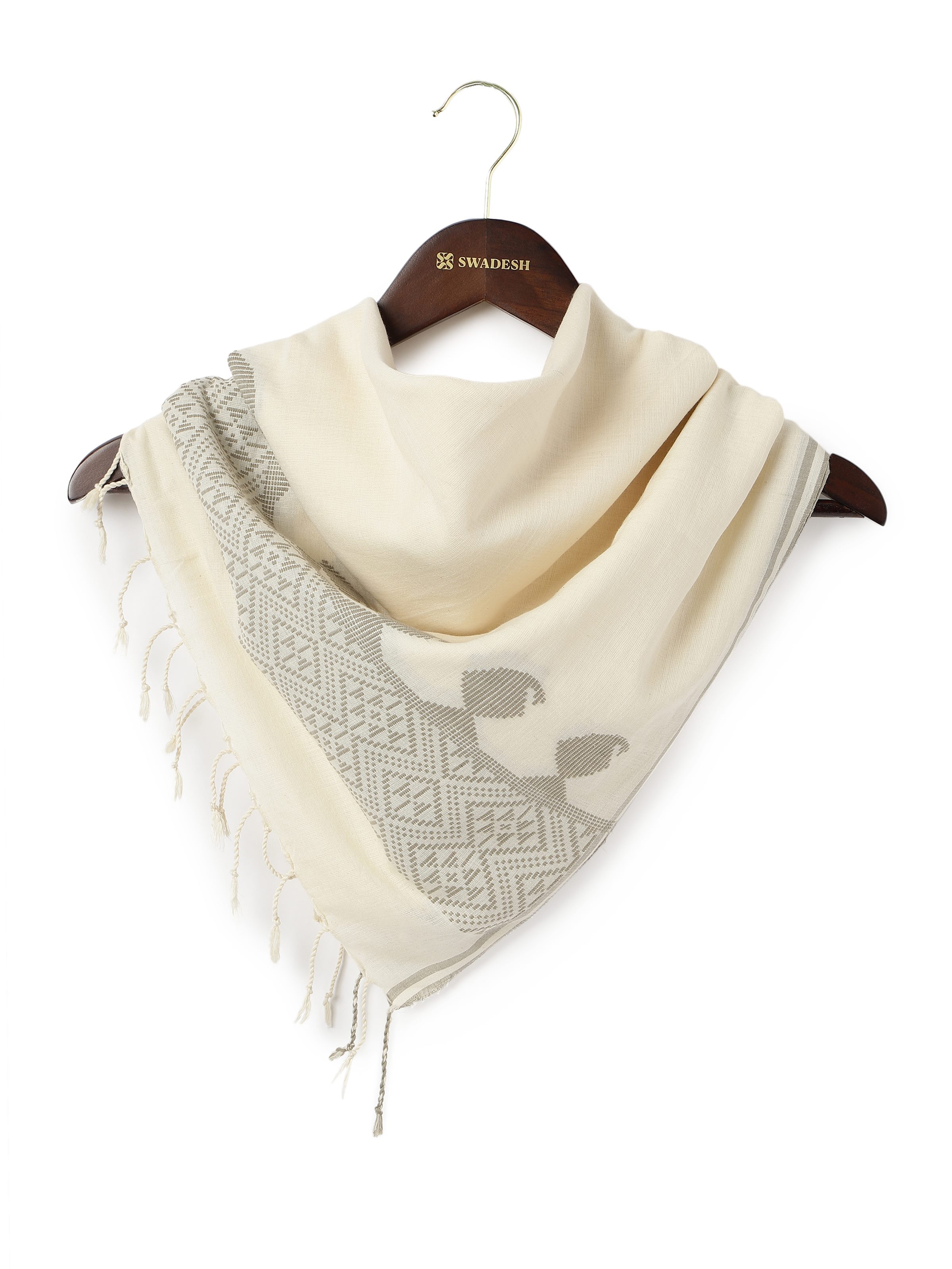 Front view of white cotton extra-weft stole with textured weave and subtle thread detailing.