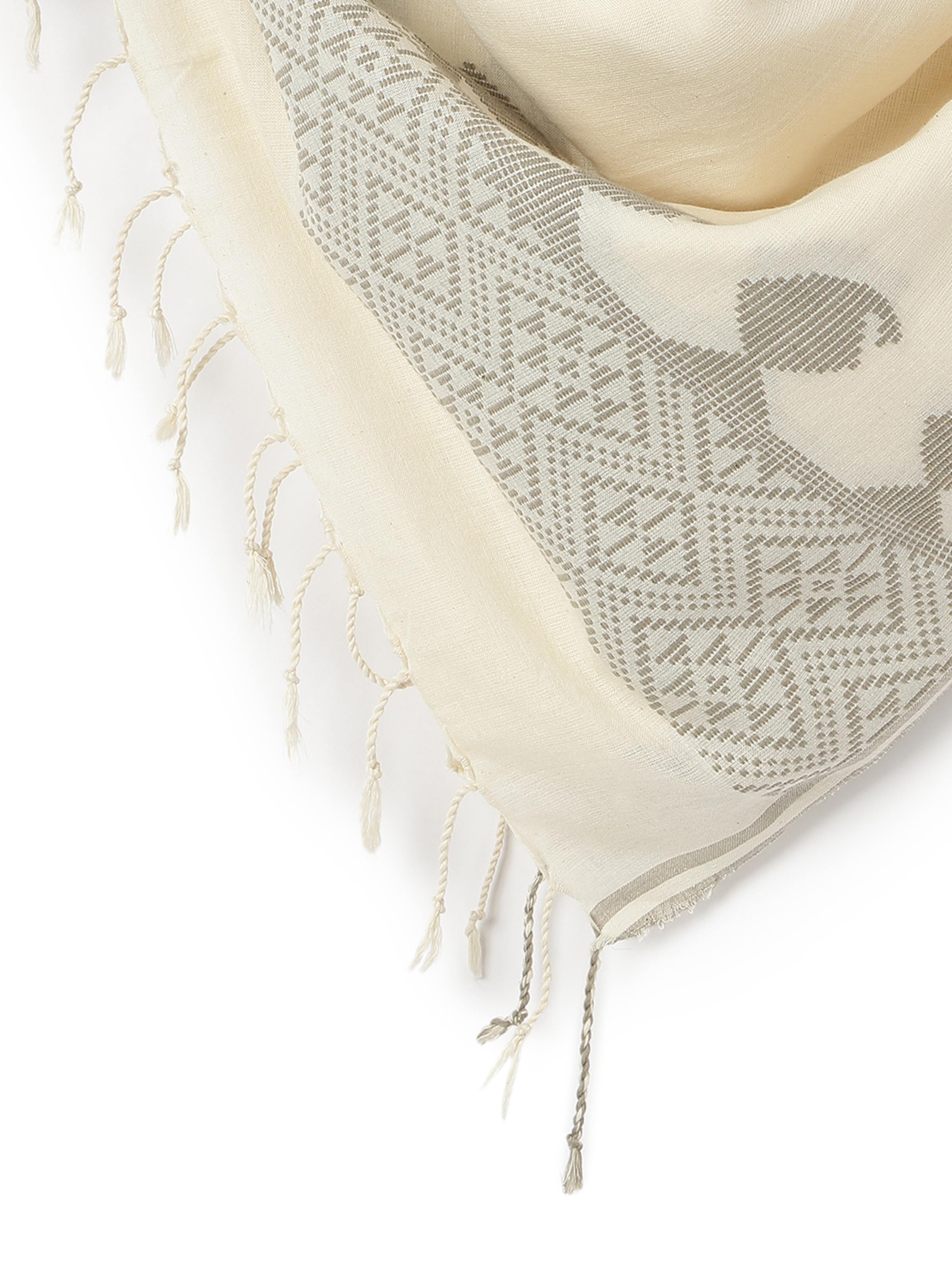 Draped view highlighting the lightweight fall and weft detailing of the stole.