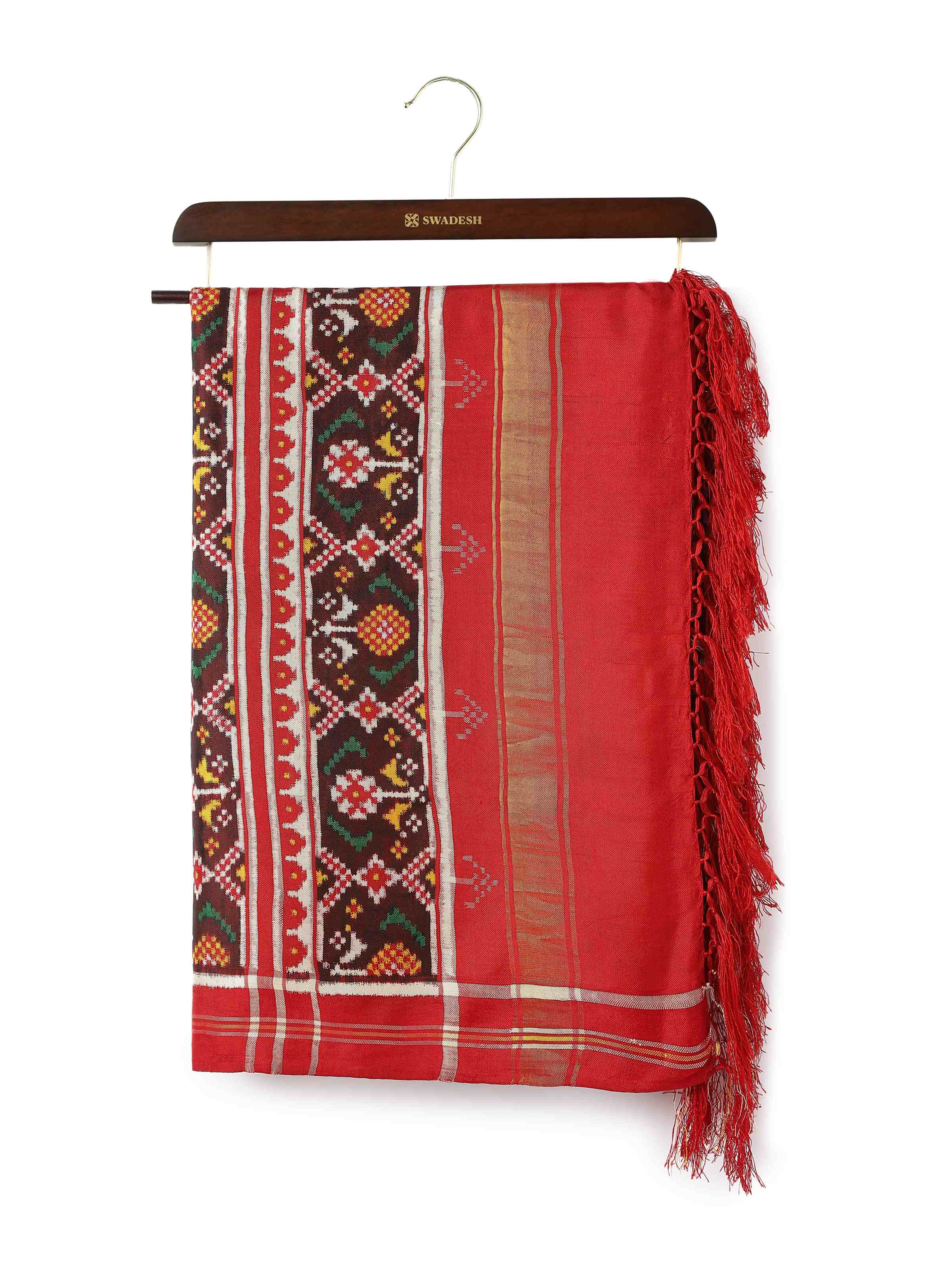 Front view of red silk Patola dupatta featuring double Ikat pattern and bold hues