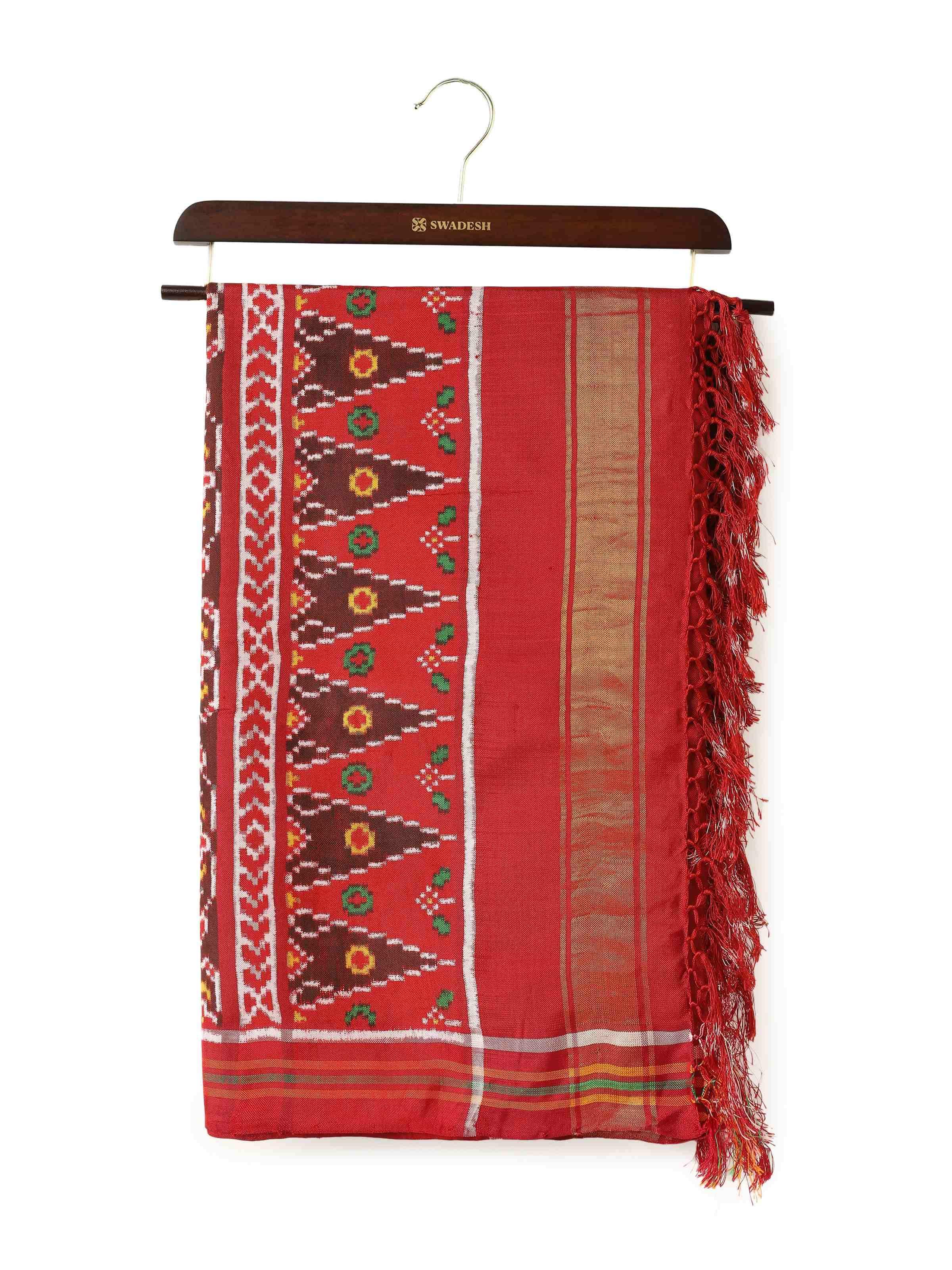 Red silk Patola Vohra Gaji dupatta front view showcasing vibrant red silk and intricate Patola patterns