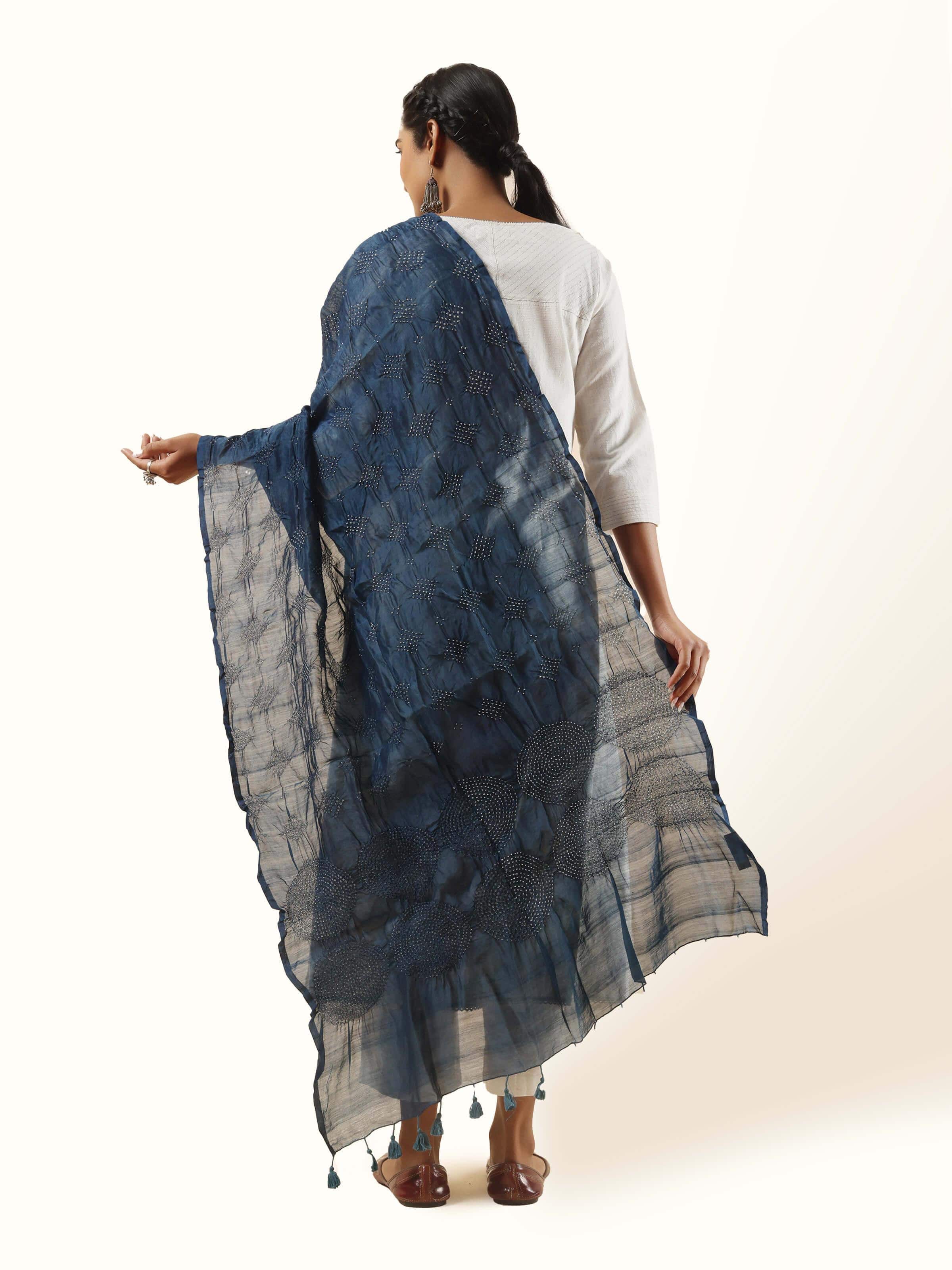 Back view of indigo Bandhani tie and dye dupatta, revealing the full pattern and graceful fall of the fabric.