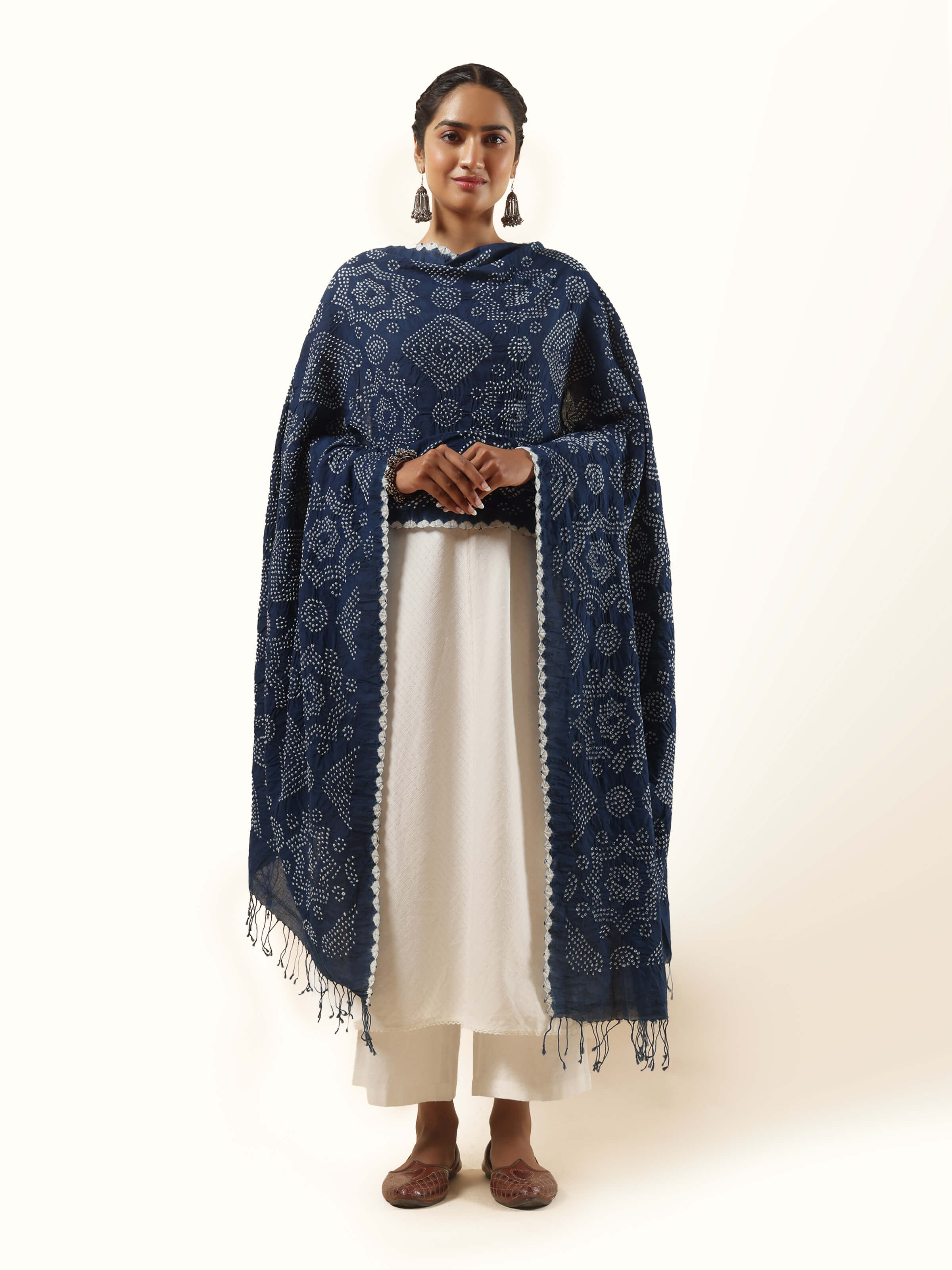 Front view of cotton Bandhani tie-dye dupatta in vibrant hues showcasing traditional patterns